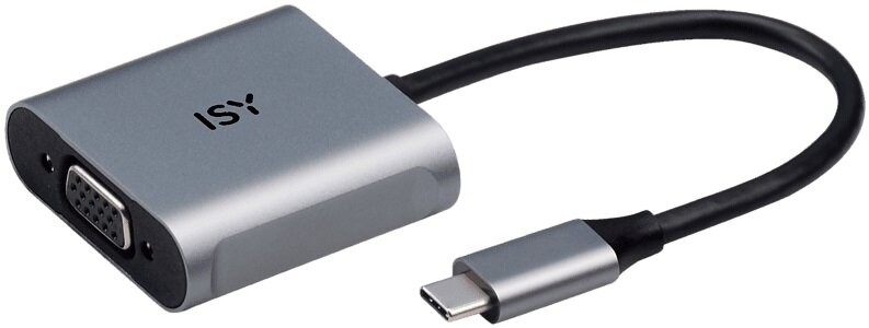 Srebrny adapter ISY USB-C do VGA z czarnym kablem. Białe tło.