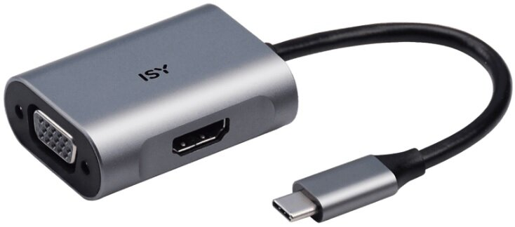 Srebrny adapter USB-C z portami VGA, HDMI i USB. Czarny kabel i srebrne złącze Type-C.