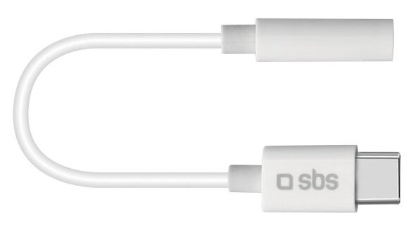 Biały kabel adaptera audio USB-C do 3,5 mm. Ma biały kabel i białe złącza.