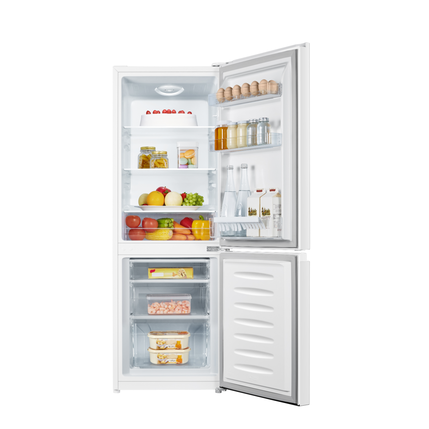 Witte koelkast met beide deuren open, onthullend de inhoud.