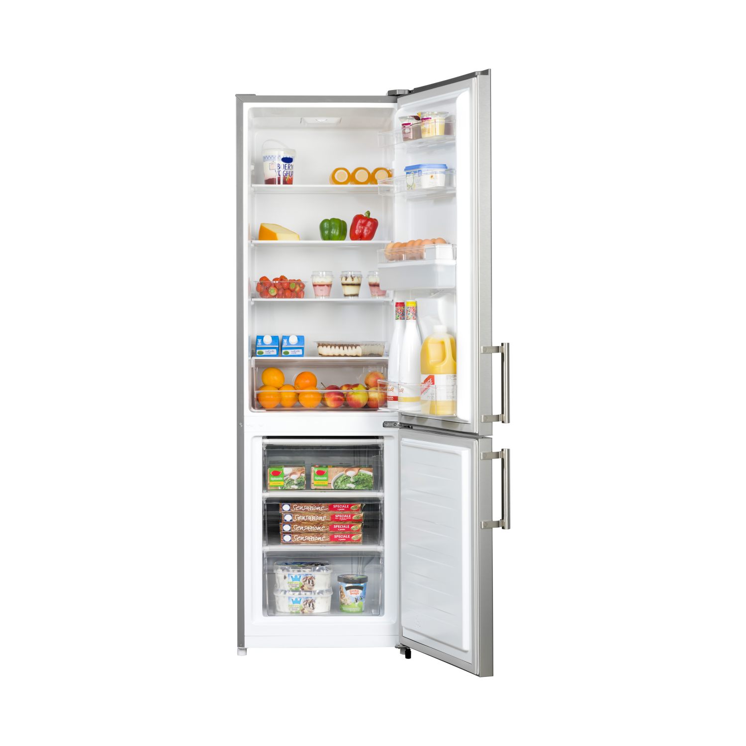A refrigerator with open doors, showcasing shelves filled with food items.