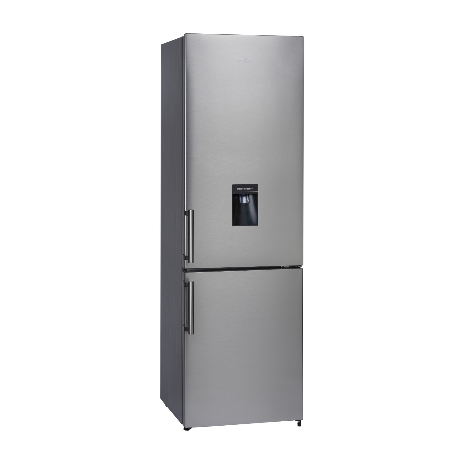 A silver refrigerator with two doors, a water dispenser, and a black background.