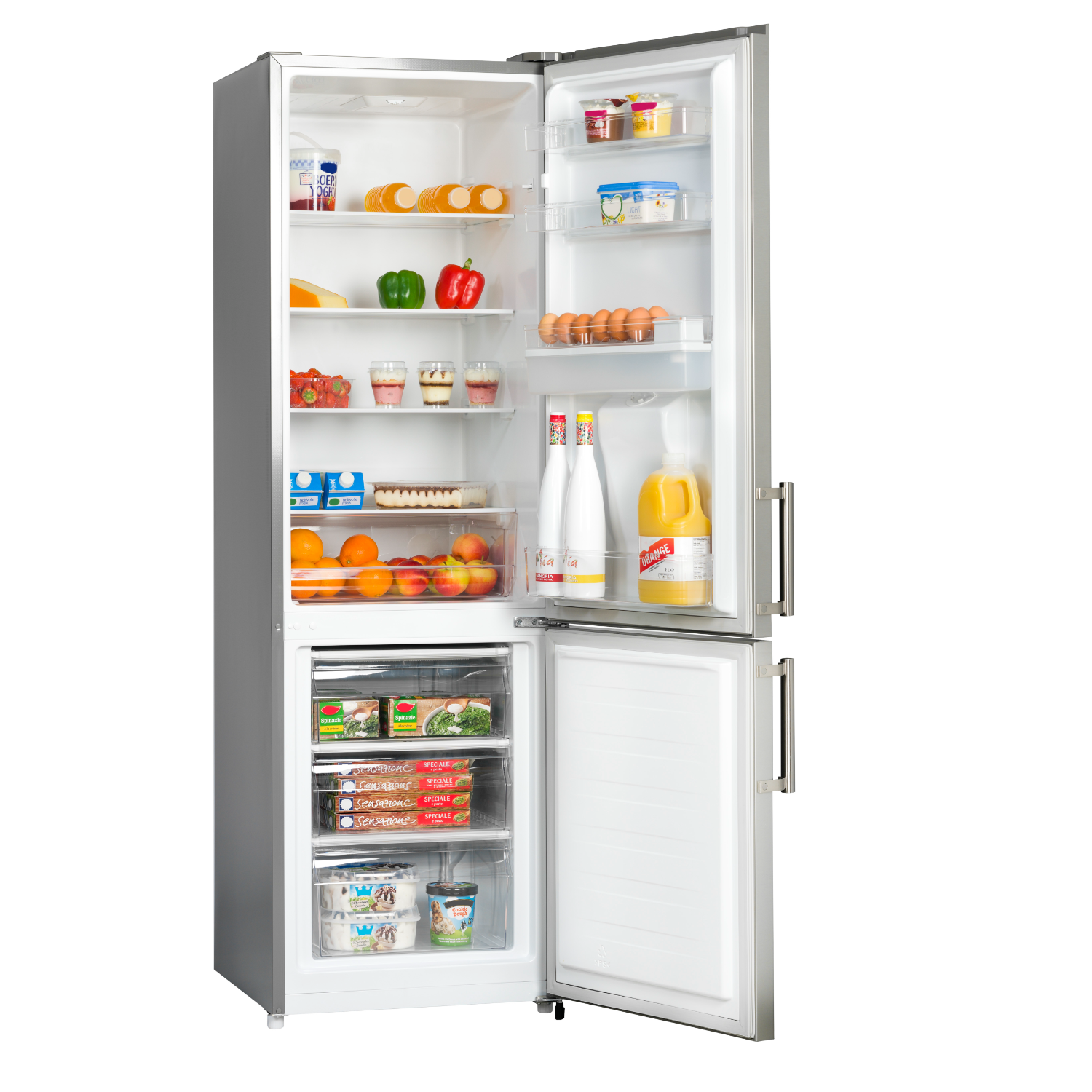 An open refrigerator filled with various food items, showing shelves and drawers.