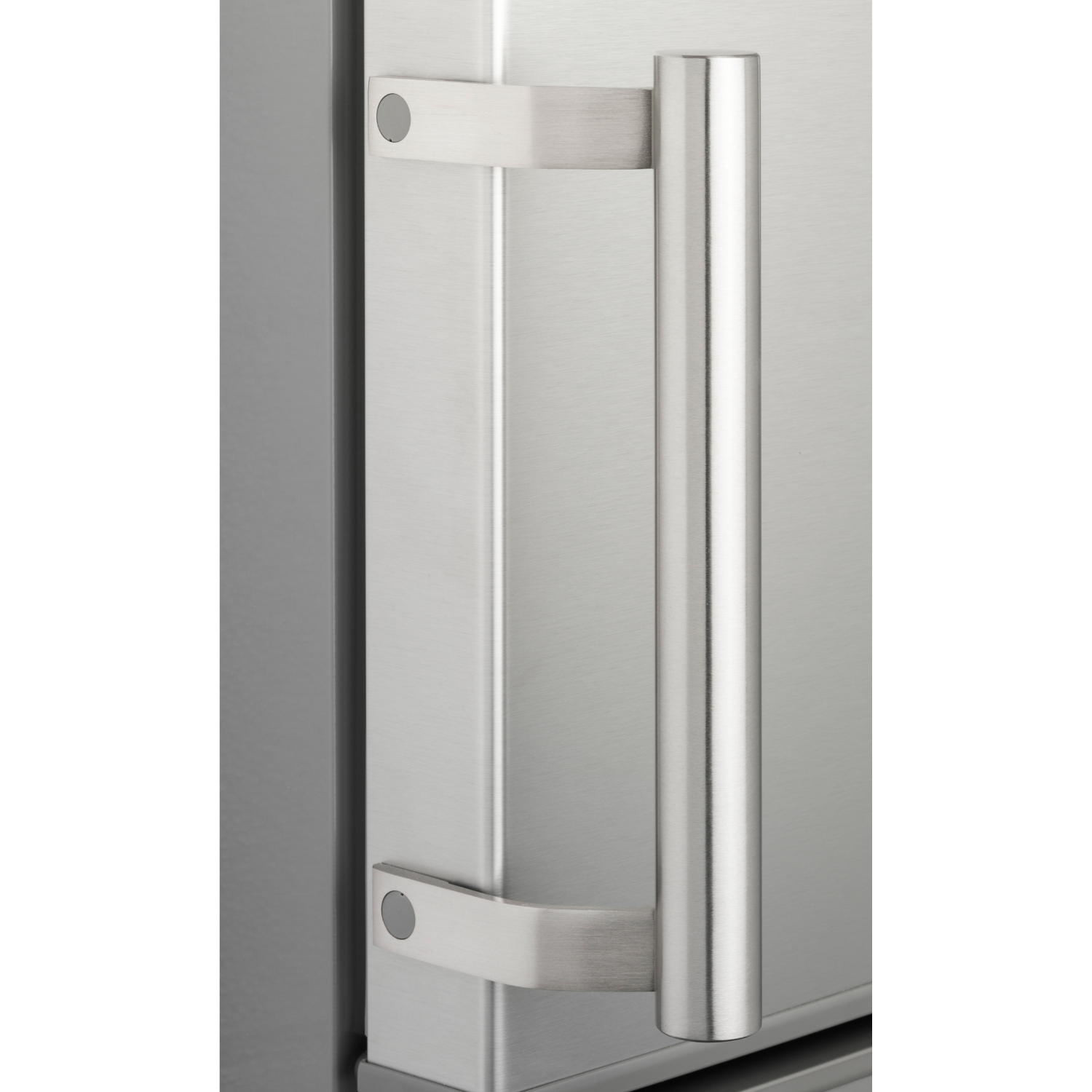 Close-up of a stainless steel refrigerator door handle, with a silver finish and a vertical design.