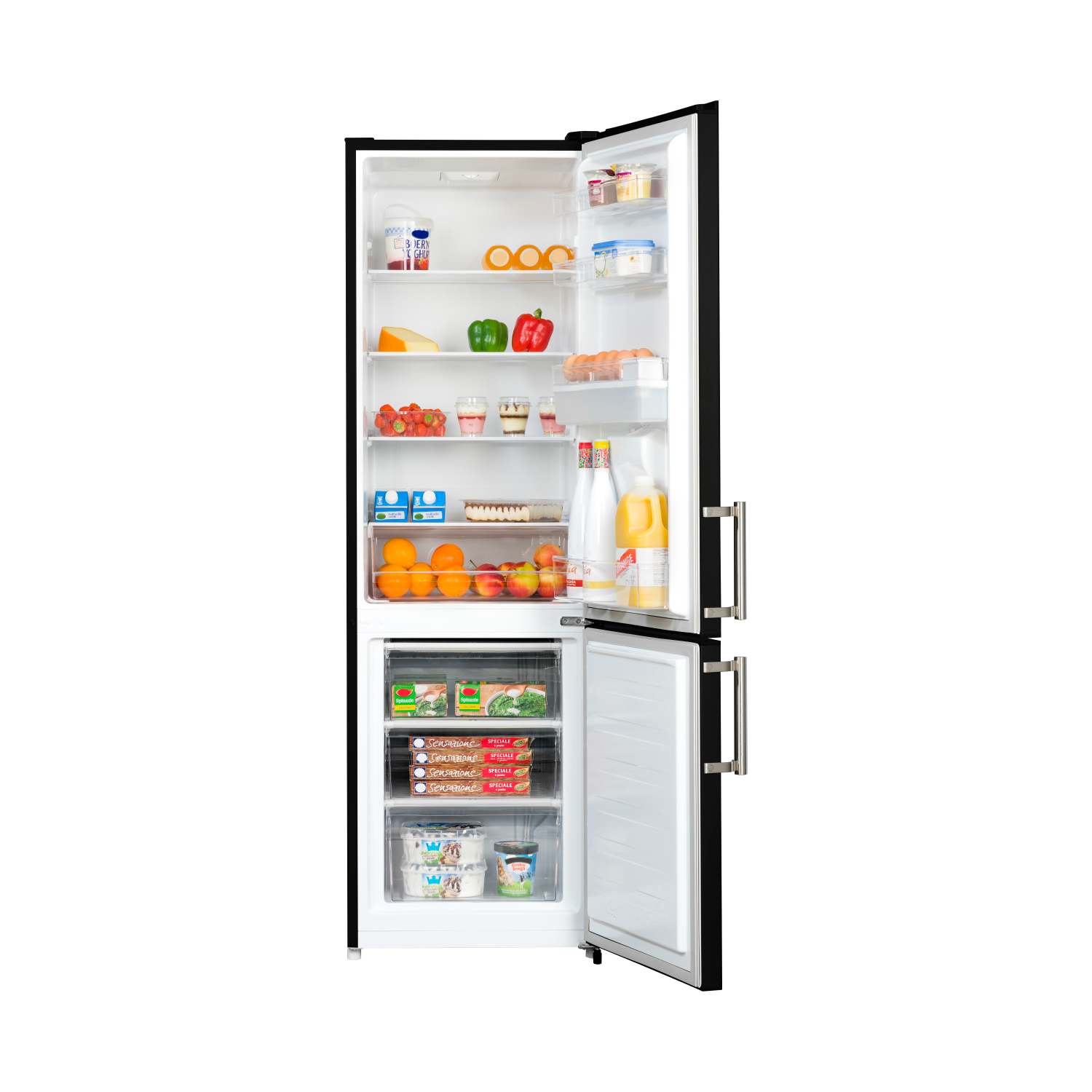 A black refrigerator with the door open, showing the interior with shelves of food.