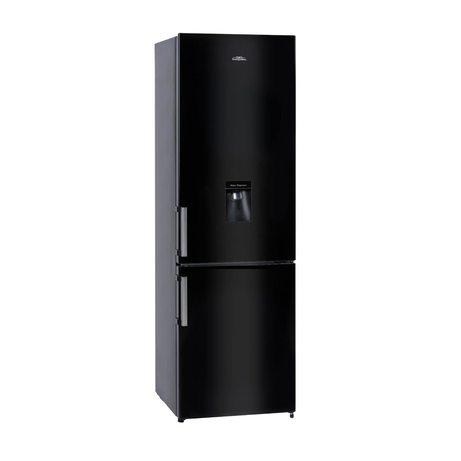 Black refrigerator with a water dispenser. The brand name is visible. It has two doors.