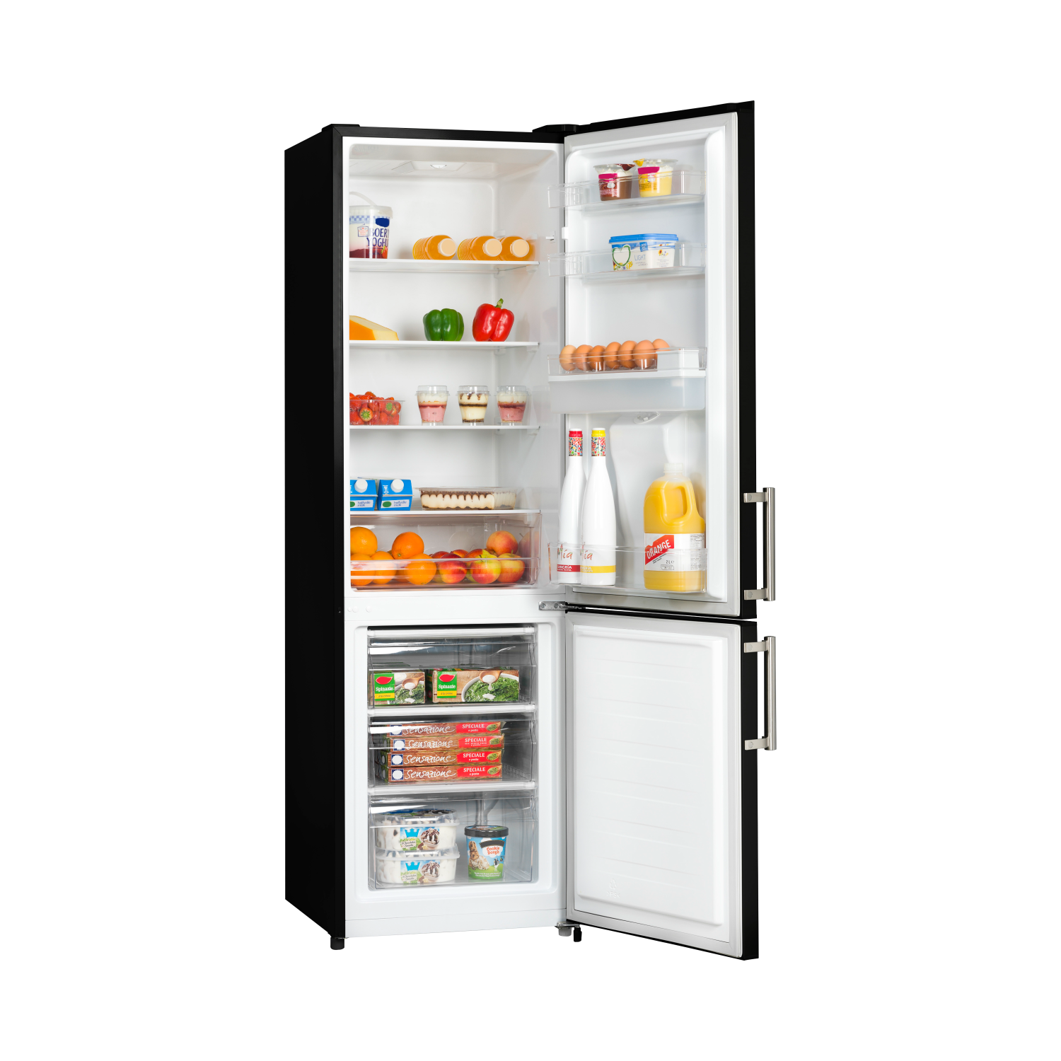 A black refrigerator with its doors open, showcasing food and shelves, with a white background.