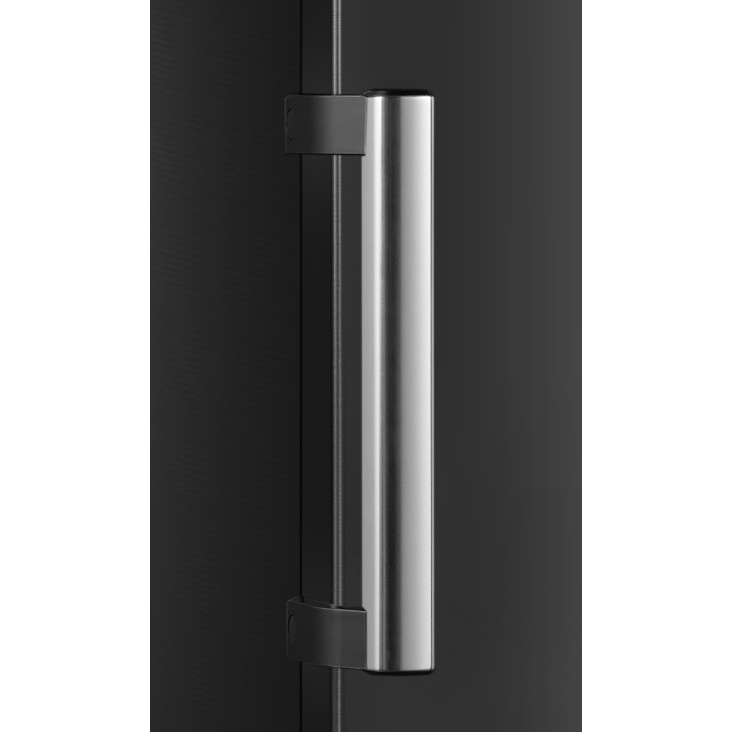 Black door handle with a metallic, cylindrical handle, mounted on a black door.