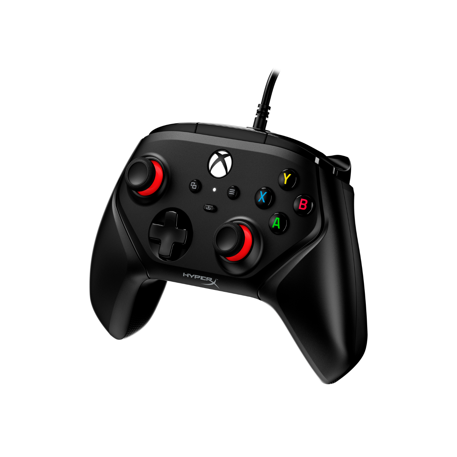 Een zwarte HyperX Xbox-controller met knoppen en een bedrade verbinding.