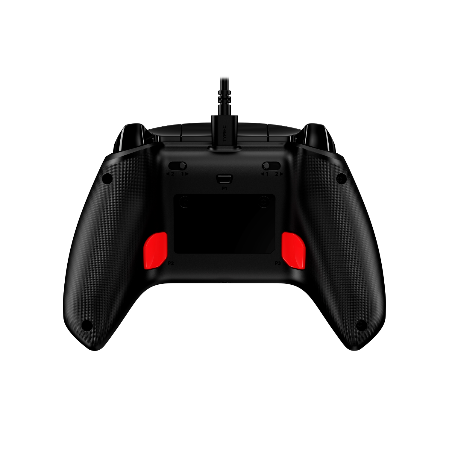 De achterkant van een zwarte gamecontroller met rode knoppen en een USB-poort.