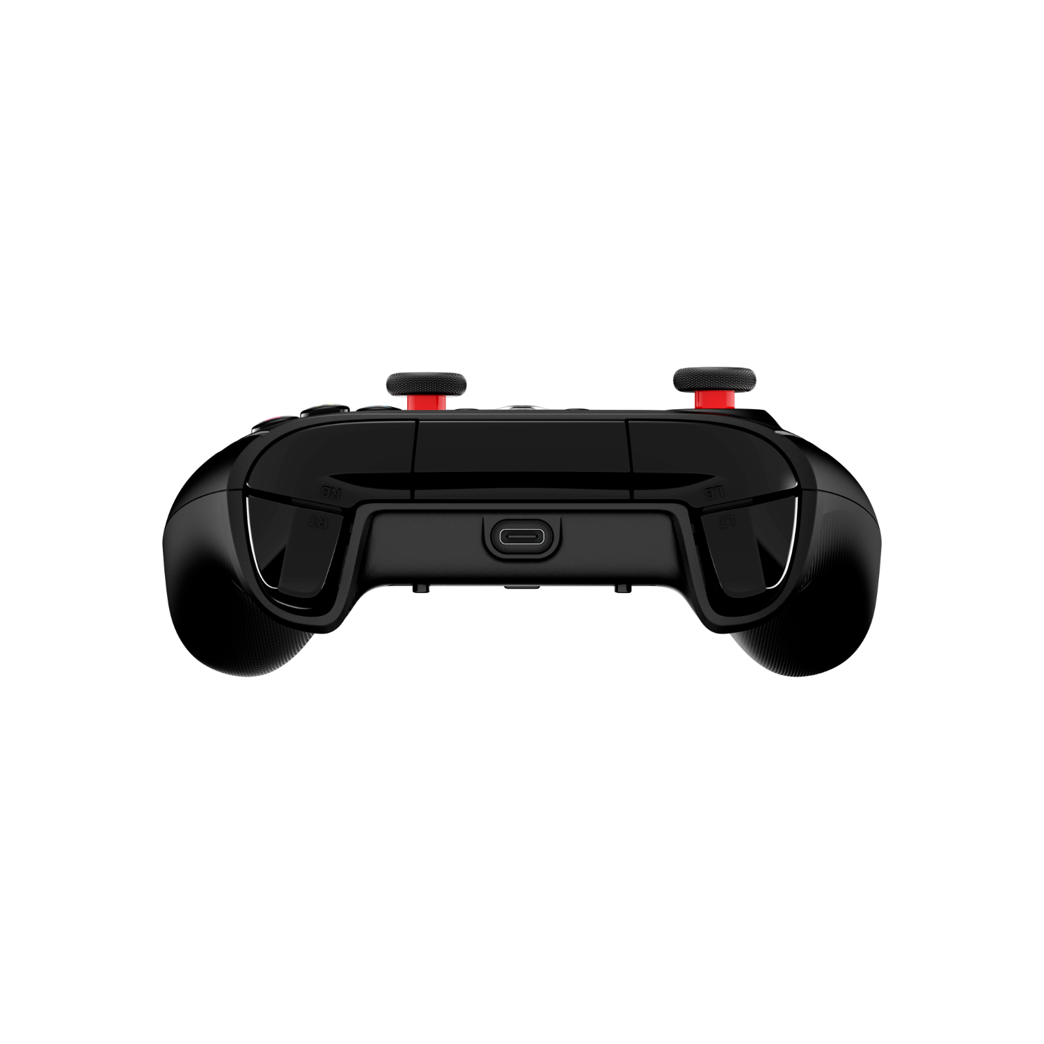 Zwarte gamecontroller met rode accenten en centrale poort.