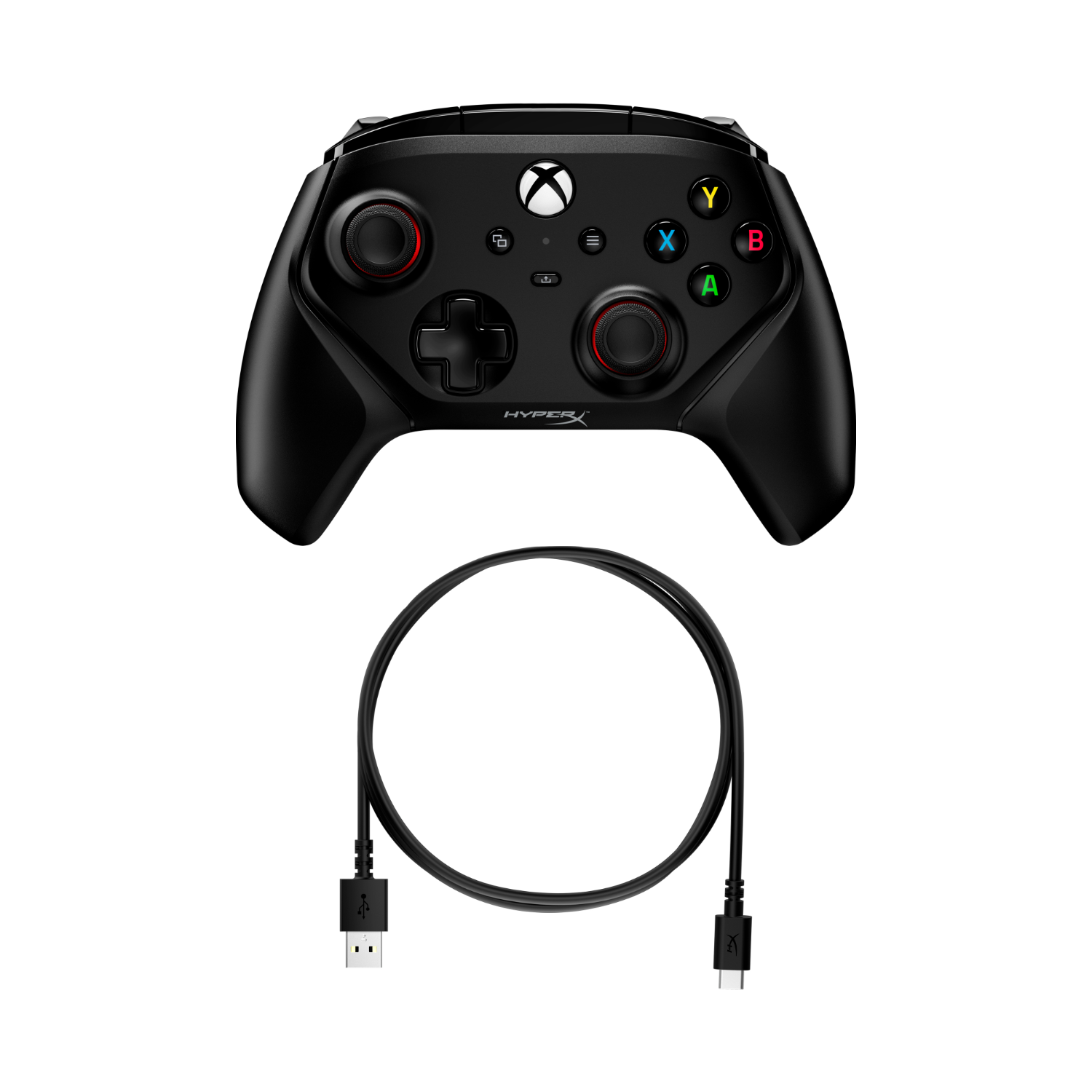 Een zwarte HyperX Xbox-controller en een zwarte USB-kabel liggen op een wit oppervlak. De controller heeft gekleurde knoppen.
