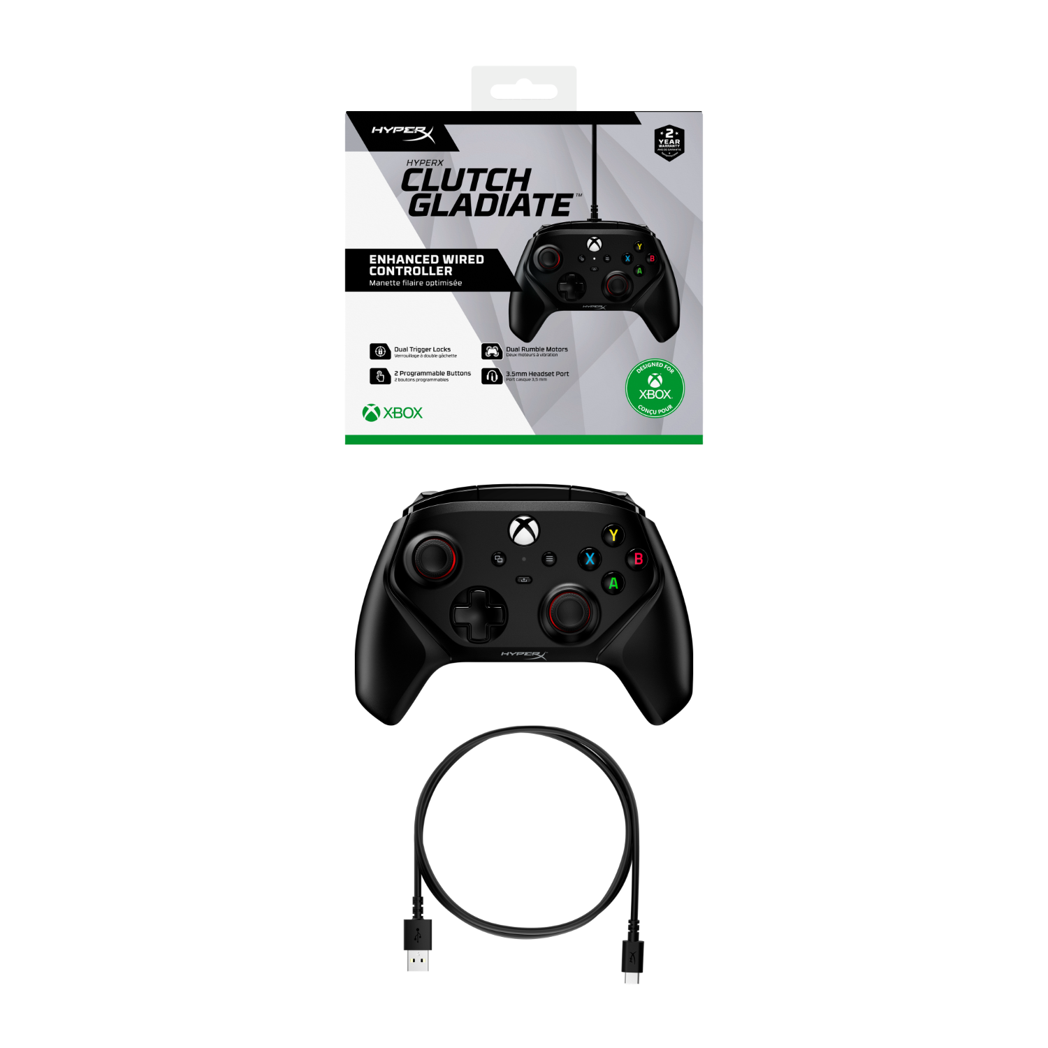 Een zwarte HyperX Clutch Gladiate controller met kabel en verpakking.