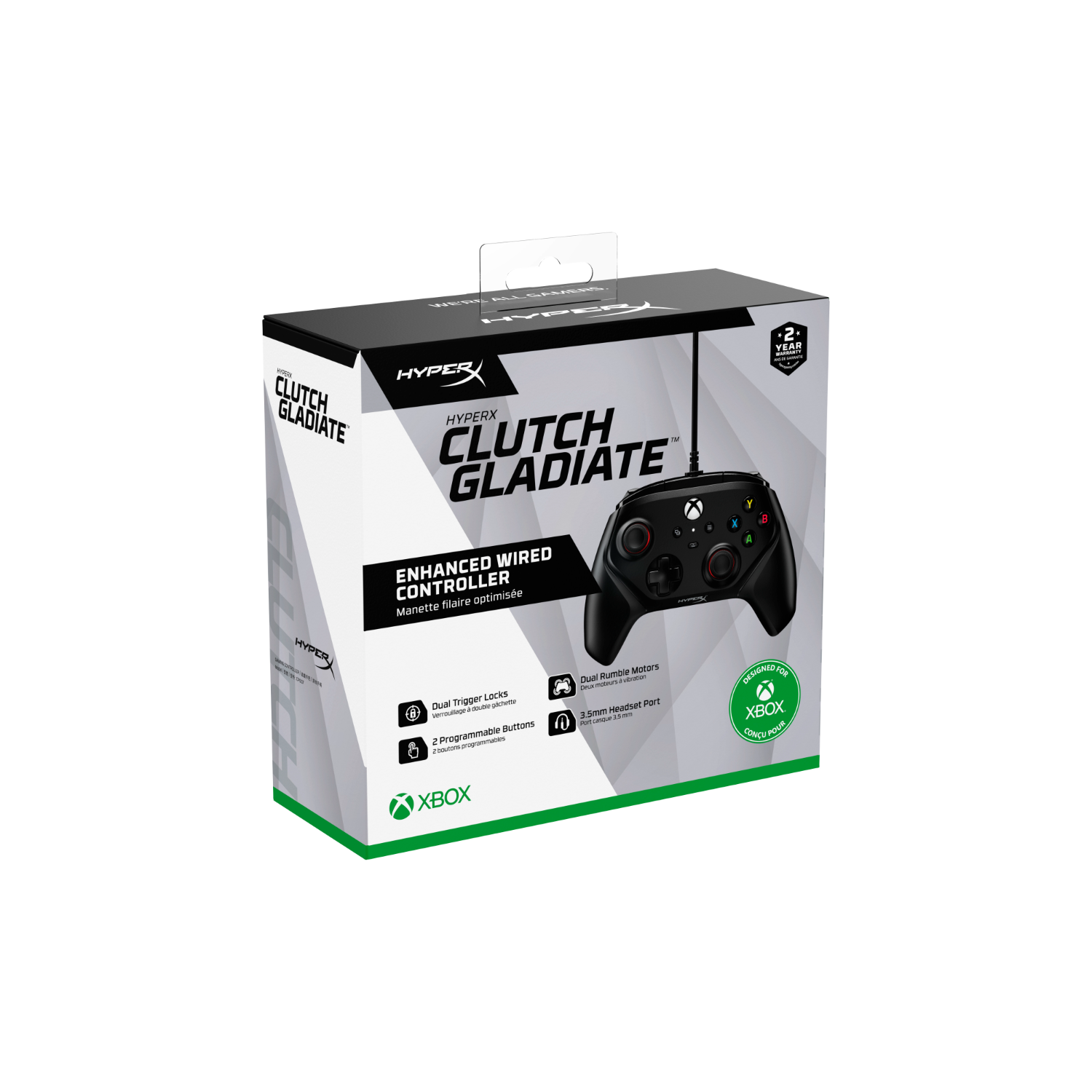 Een HyperX Clutch Gladiate controllerdoos, wit met zwarte tekst en controller afbeelding.