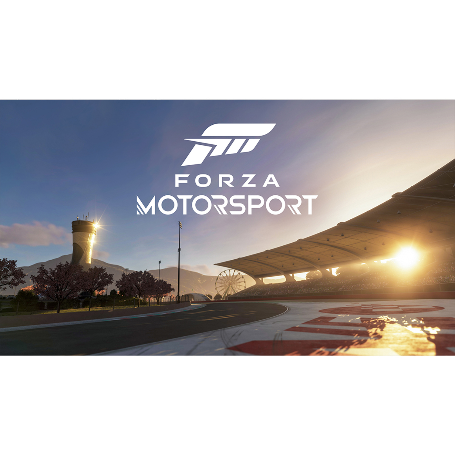 Forza Motorsport logo op een racebaan met zonsondergang en reuzenrad.