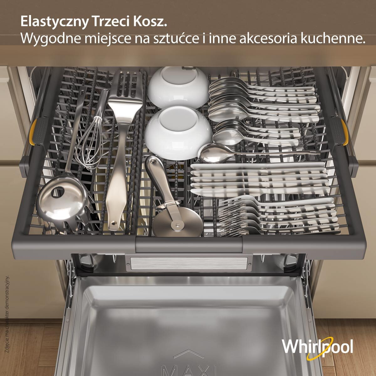 Zmywarka z górnym koszem pełnym naczyń i sztućców. Logo Whirlpool na dole.