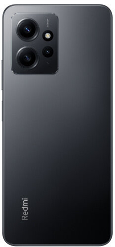 Widok z tyłu czarnego smartfona z potrójnym aparatem i logo Redmi.