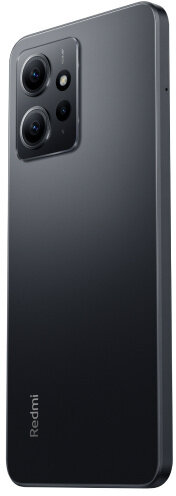 Czarny smartfon z dwoma obiektywami i logo z tyłu, widok z boku.