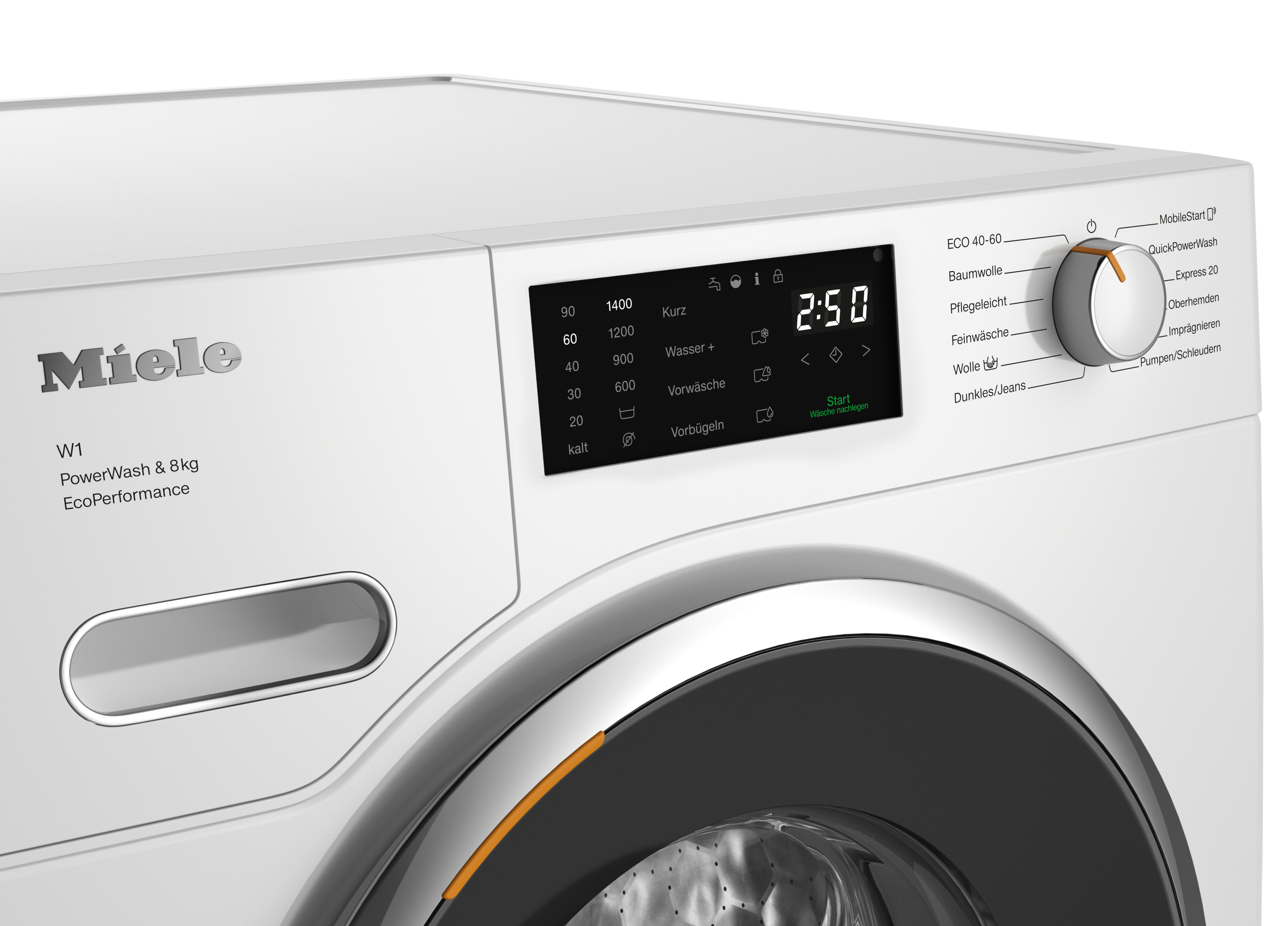 Nahaufnahme des Bedienfelds einer Miele Waschmaschine mit Zeitanzeige.