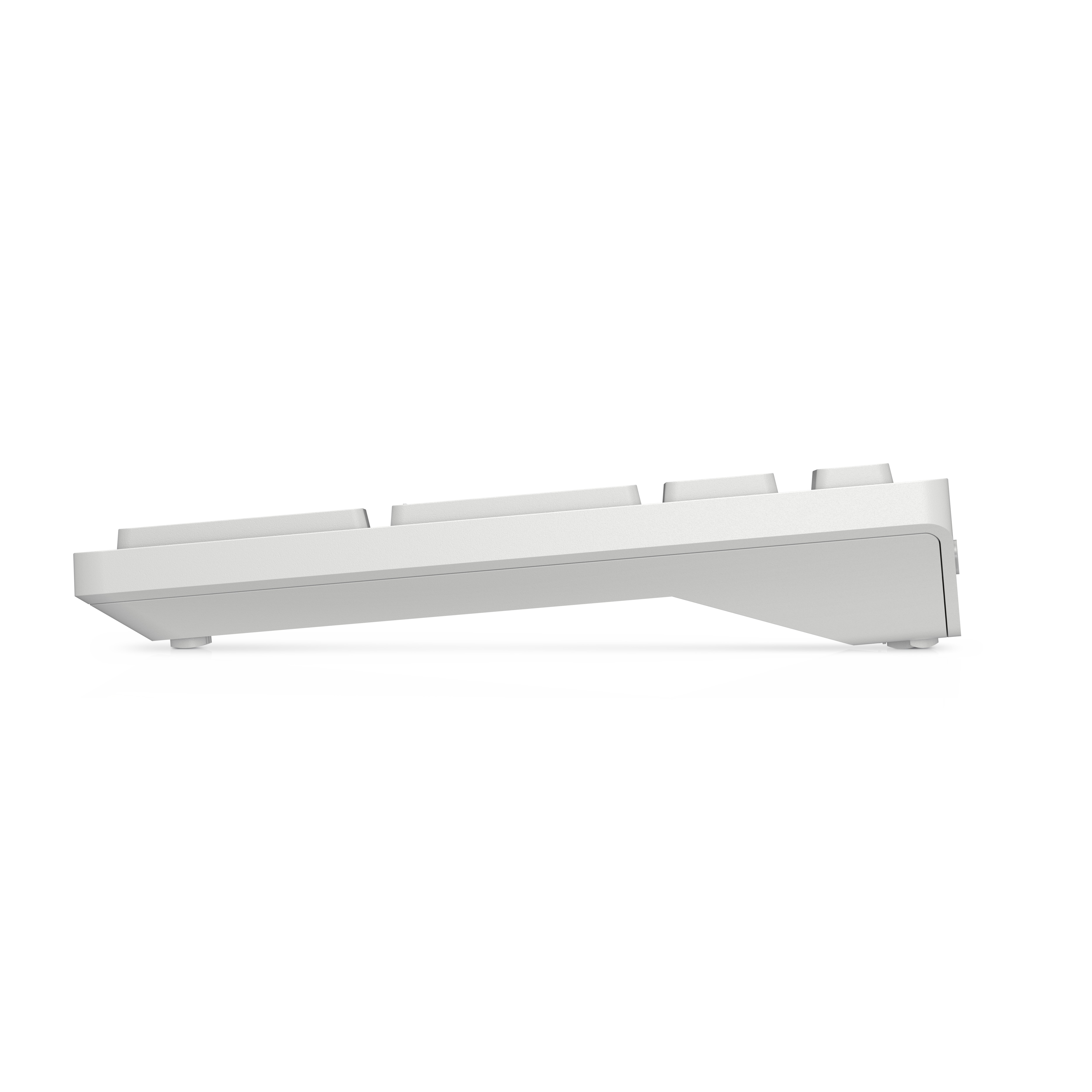 Eine weiße Tastatur wird von der Seite gezeigt. Die Tastatur hat ein schlankes Design mit sichtbaren Tasten und einer sauberen Ästhetik.