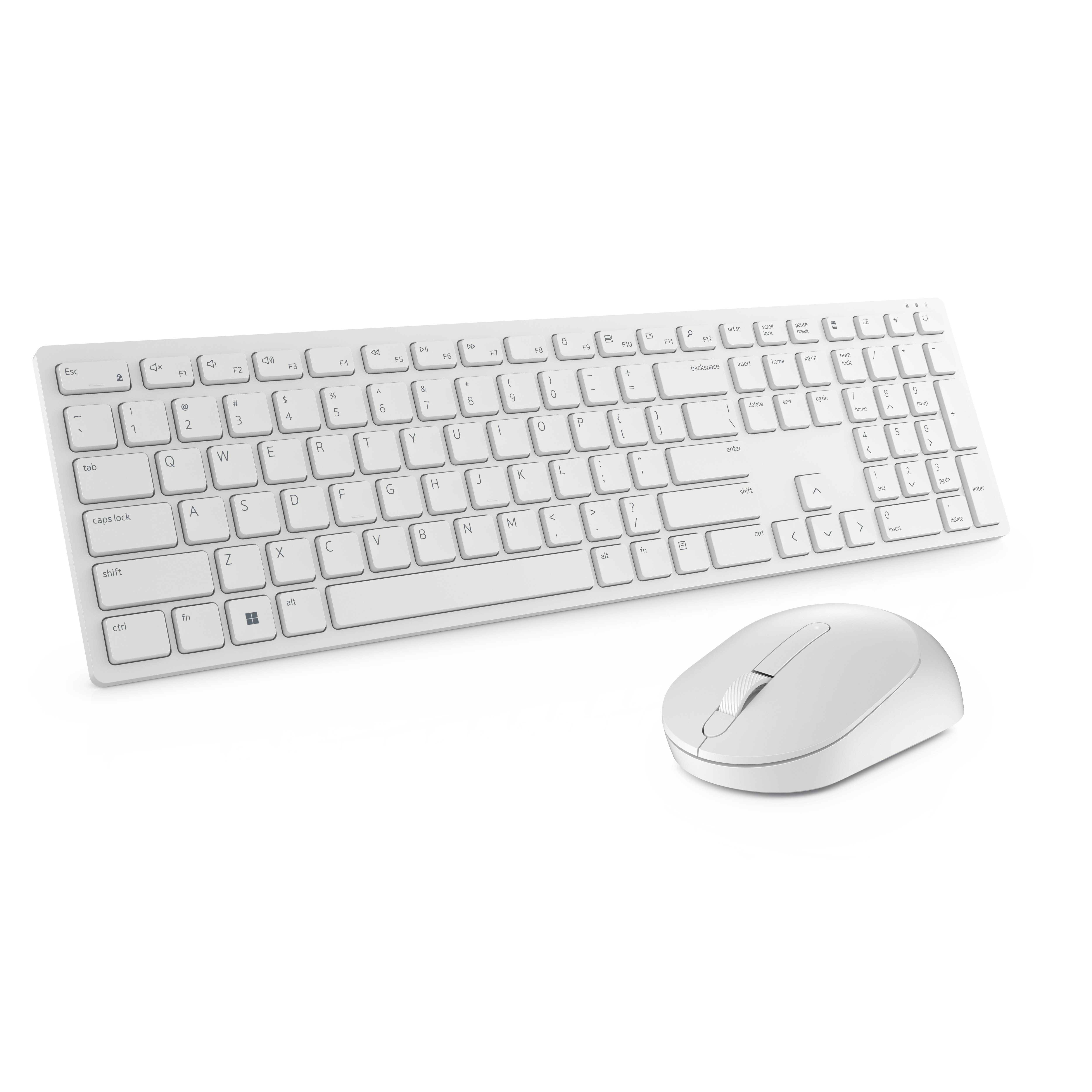 Weißes kabelloses Tastatur- und Maus-Set auf weißem Hintergrund. Die Tastatur hat Tasten und die Maus hat einen Scroll.