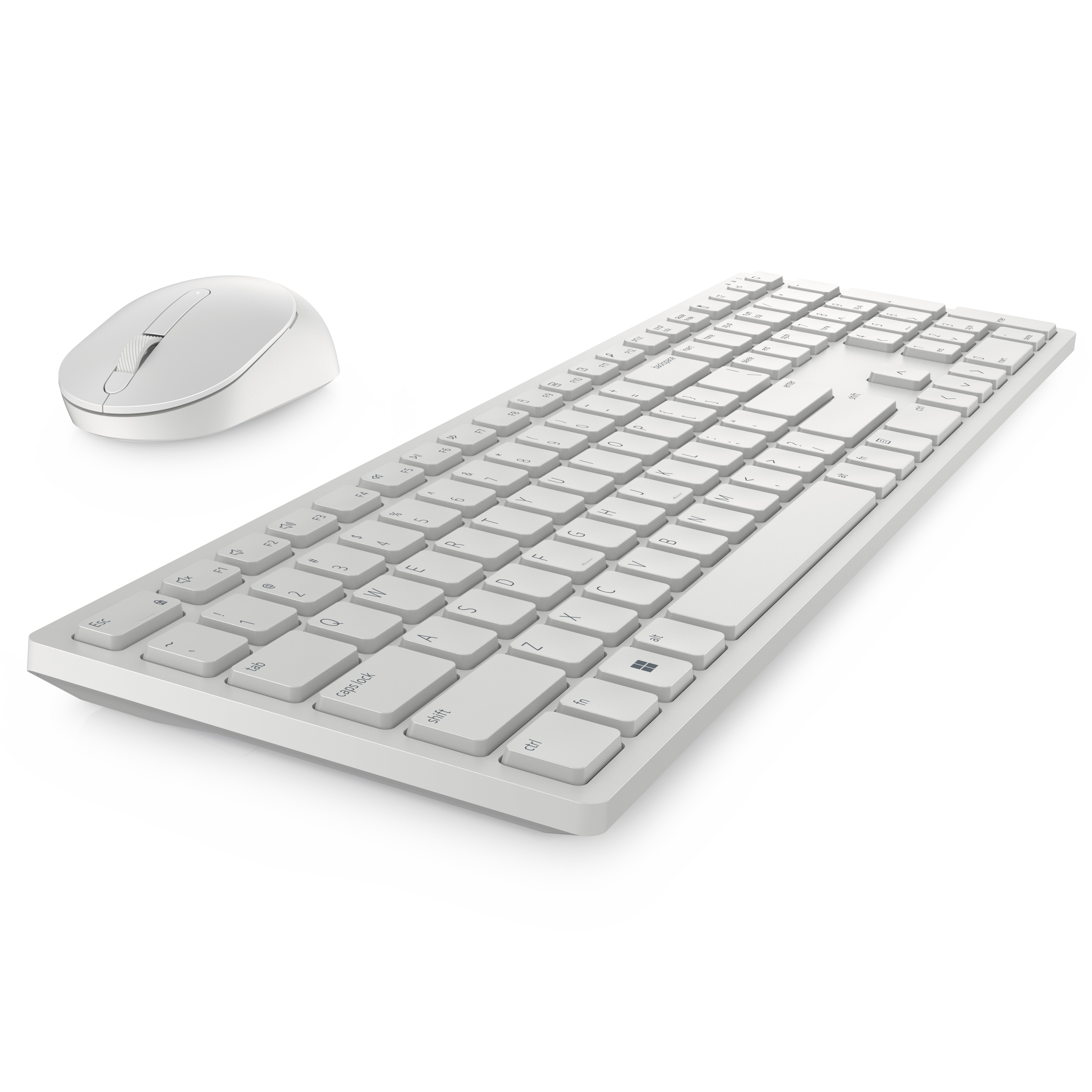 Ein weißes, drahtloses Tastatur- und Maus-Set. Die Tastatur ist schlank mit Standard-Layout, die Maus oval.