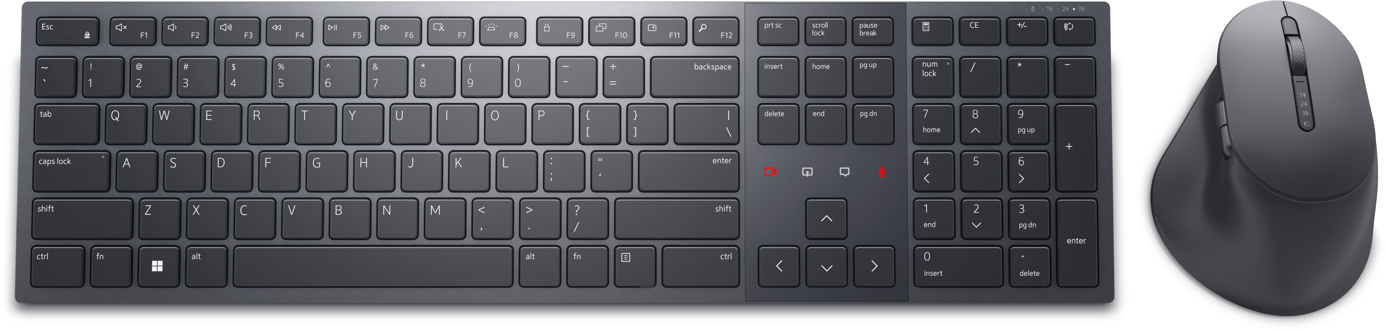 Dunkelgraues Tastatur- und Maus-Set. Die Tastatur hat viele Tasten und die Maus ist ergonomisch.