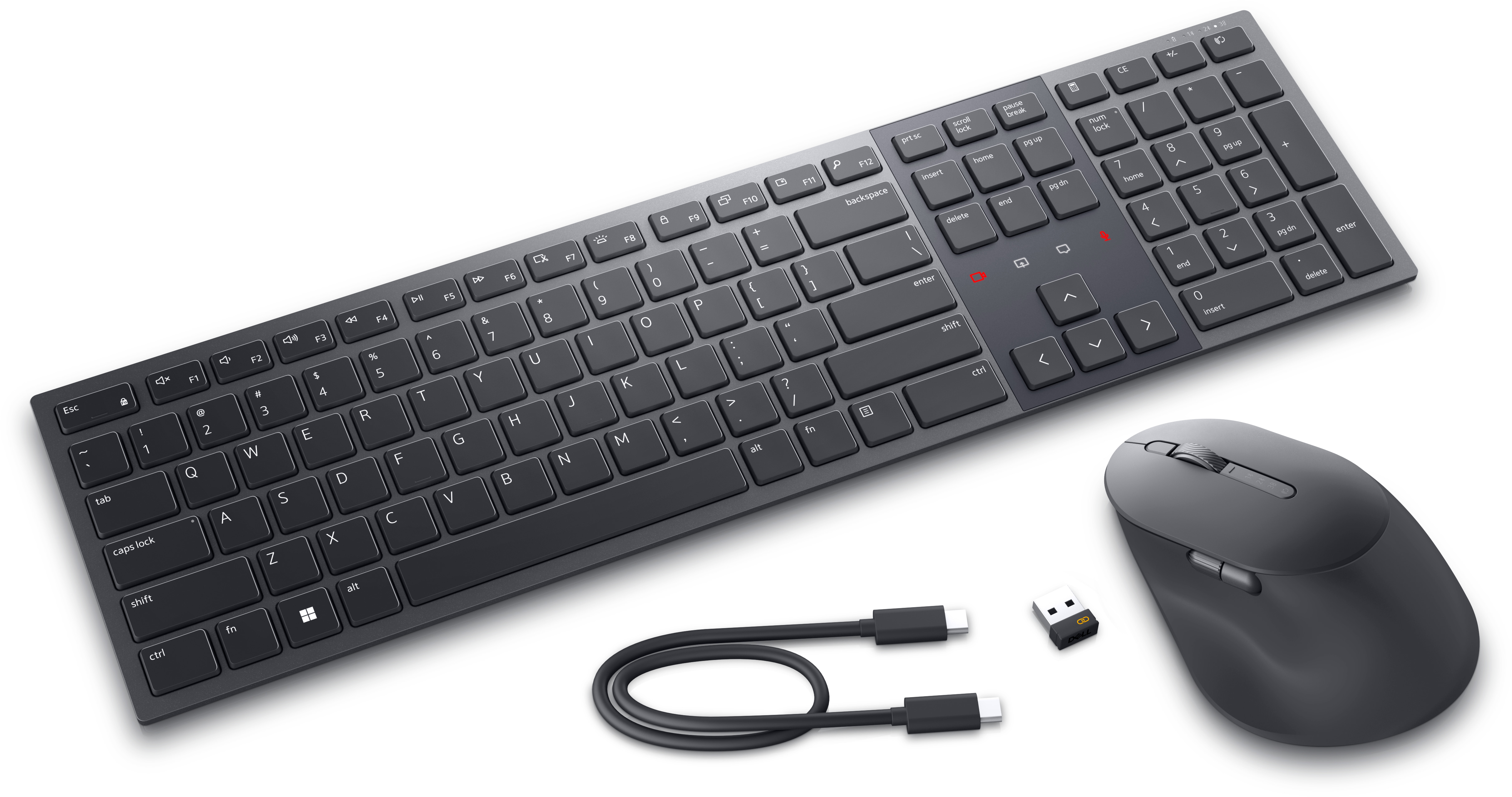 Dunkelgraue kabellose Tastatur, Maus, USB-Empfänger und Kabel auf weißem Hintergrund.