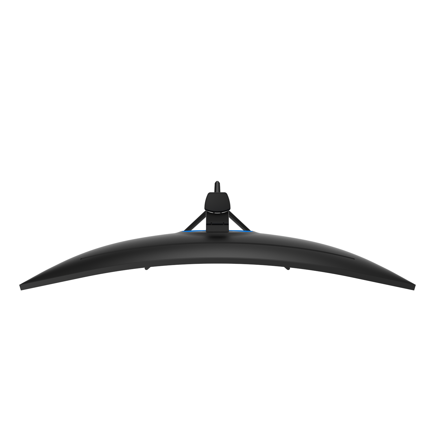 A curved monitor from the back with a dark background. The logo and cables are visible.