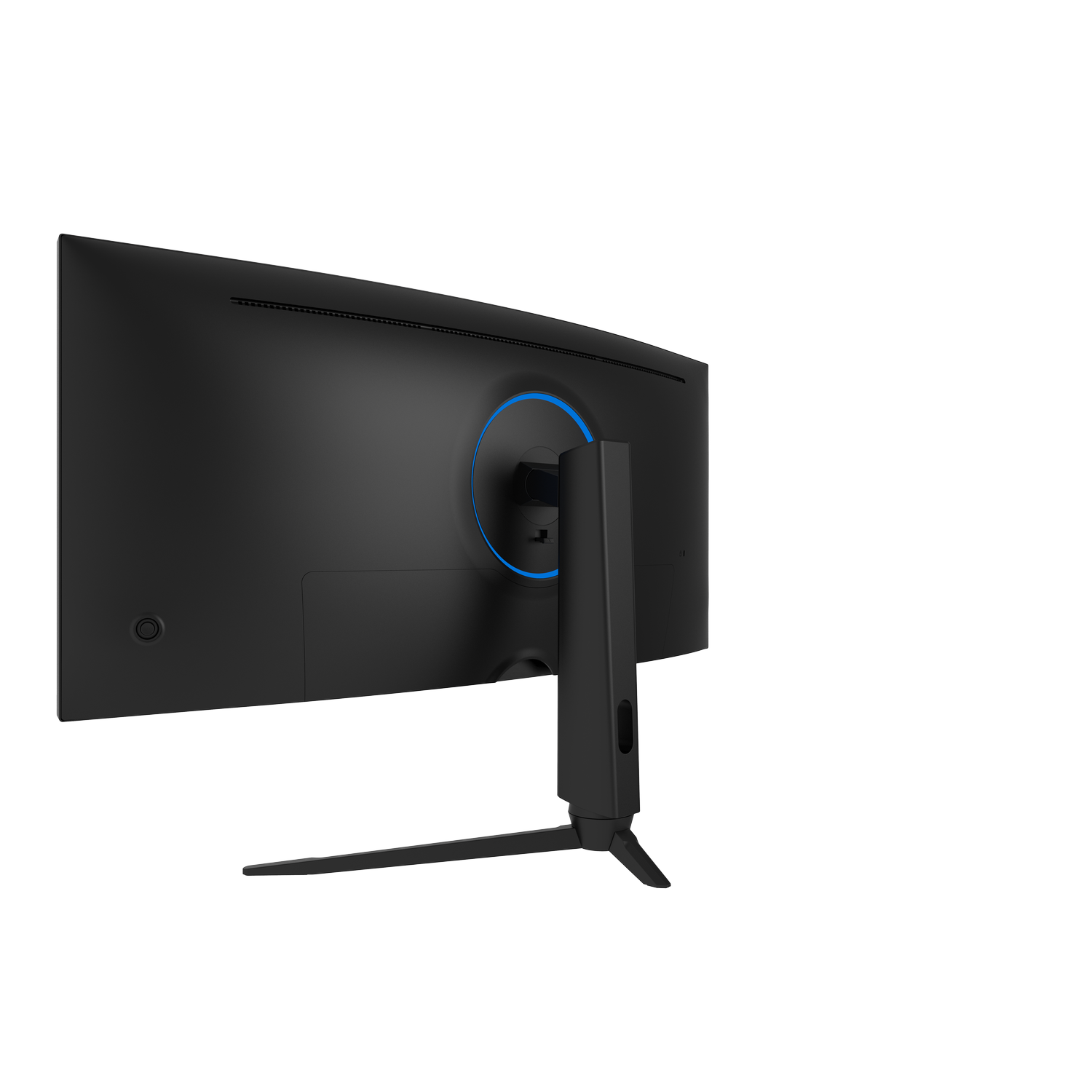 Black curved monitor. The back has a blue ring around the stand connection.