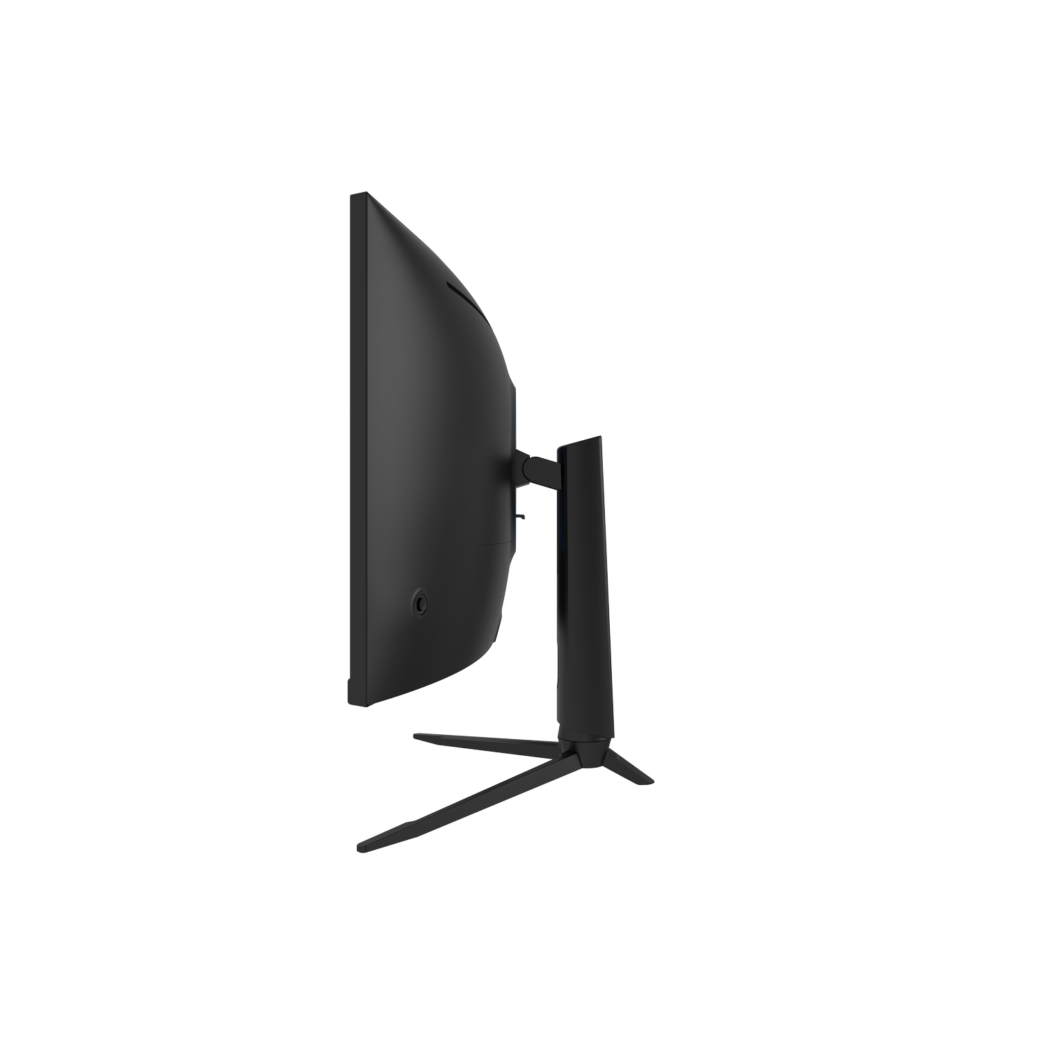 Side view of a black curved monitor on a black stand.