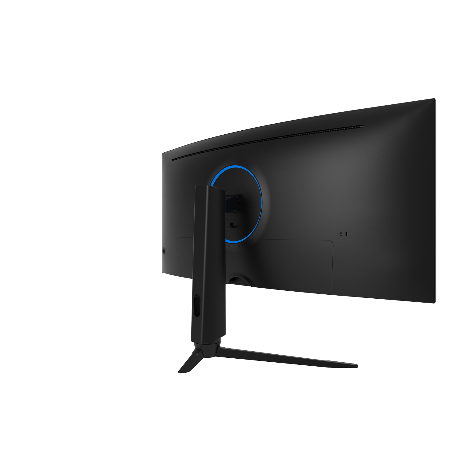 Back view of a curved monitor with a blue ring. The stand is visible too.
