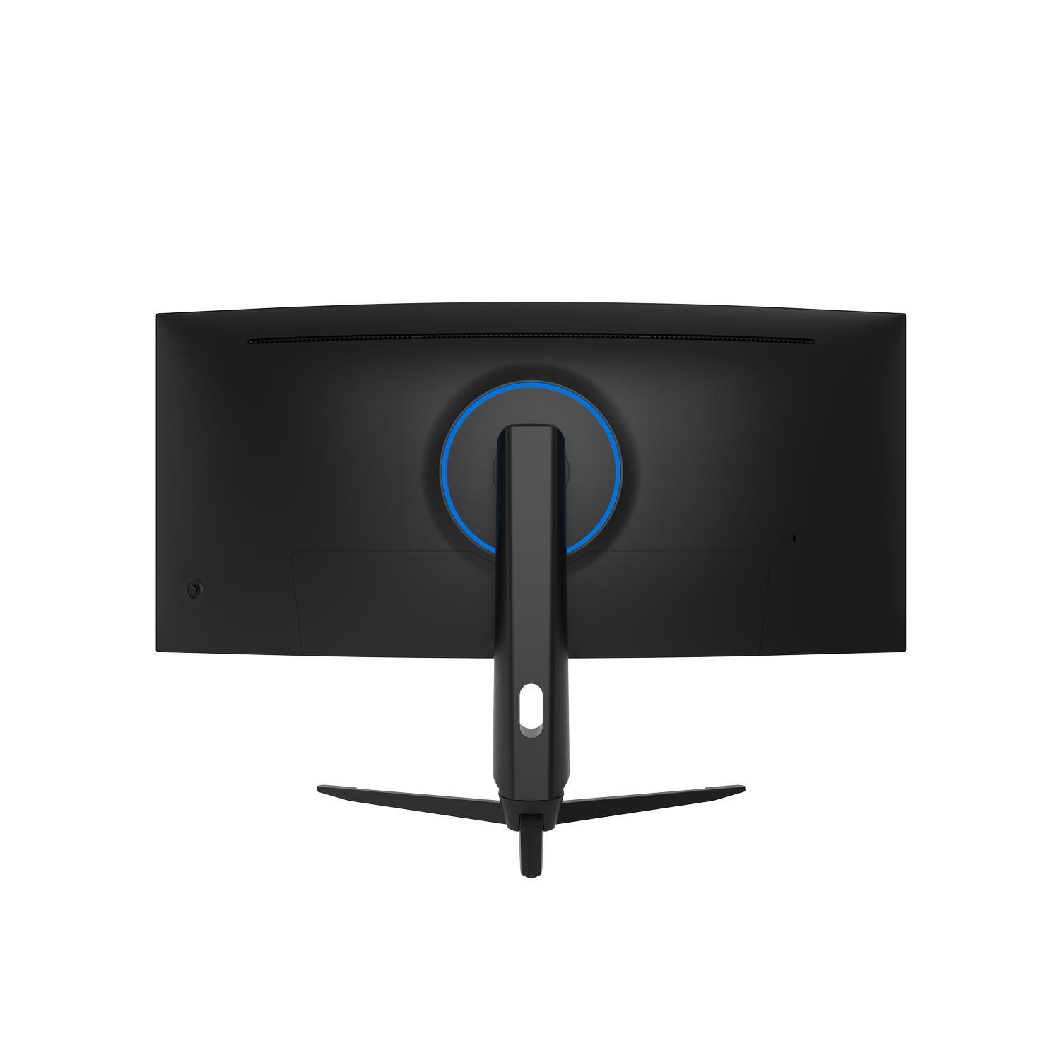 Back of a black computer monitor with a blue ring in the center.