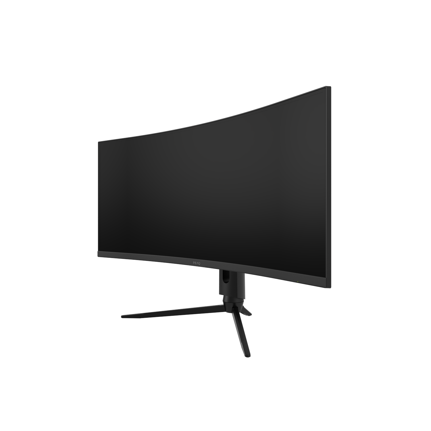A curved black computer monitor with a stand on a dark background.