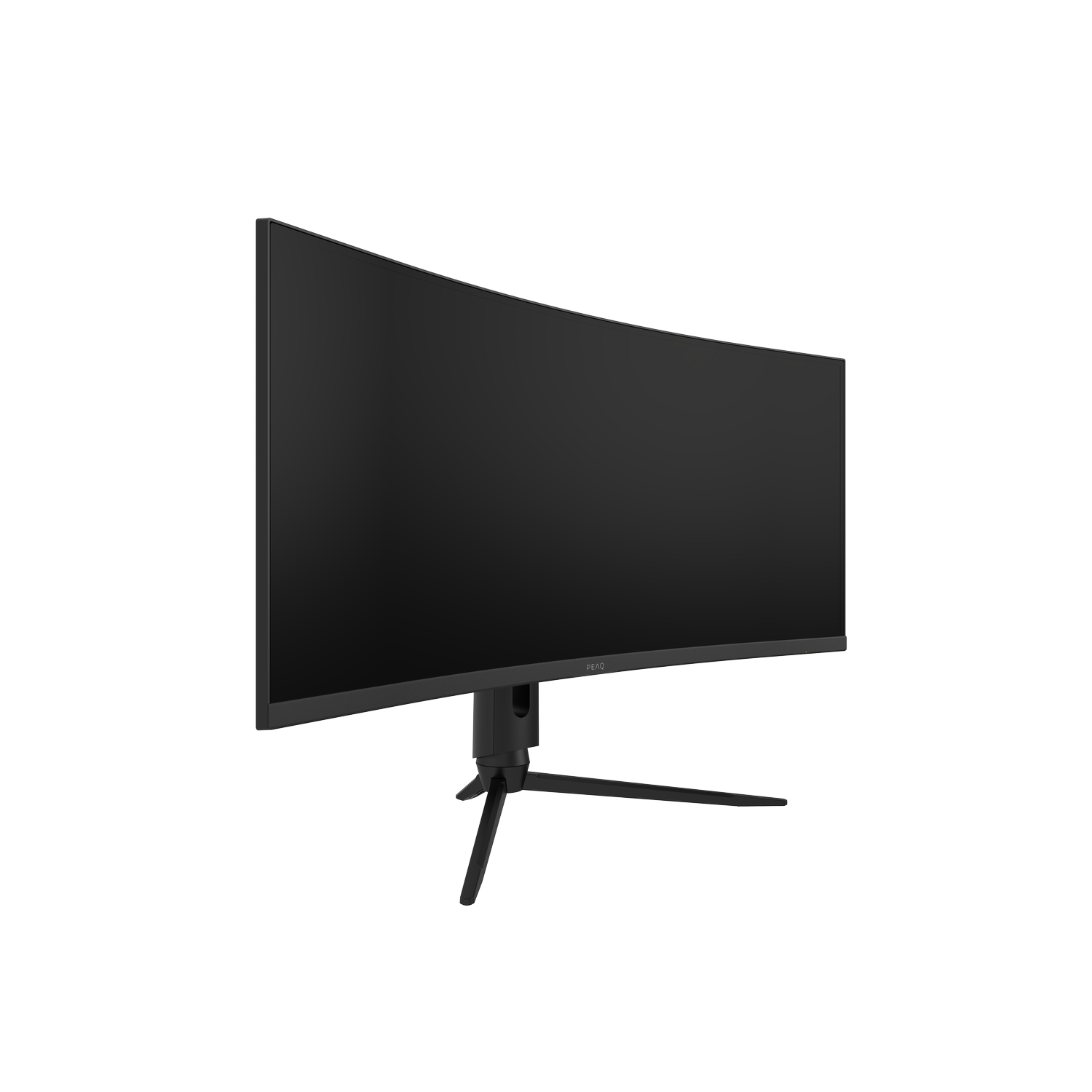 Black curved monitor on a black stand, back view.