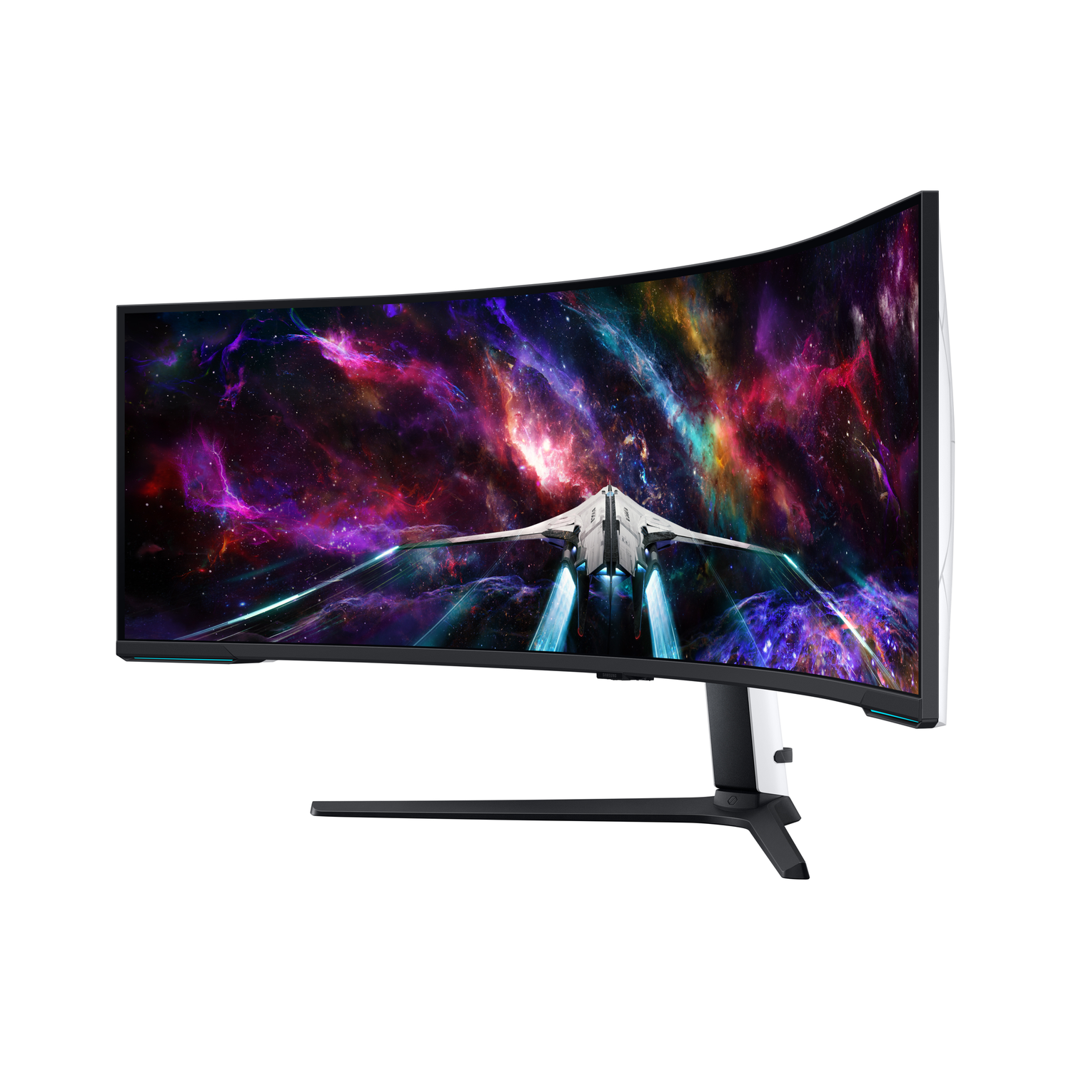Curved monitor displaying a space scene with a spaceship and colorful nebula background.