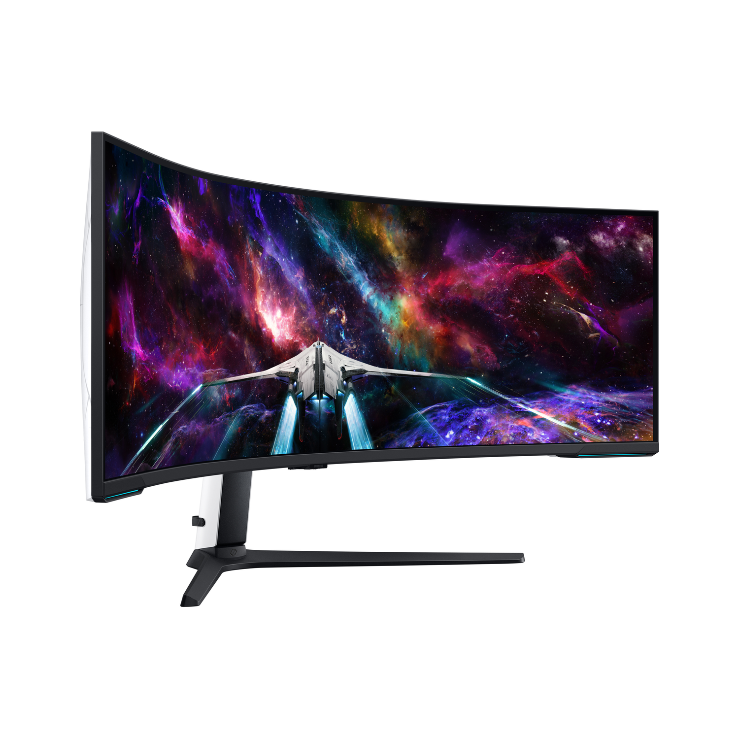 Curved monitor displaying a colorful galaxy image. It has a black stand and white border.