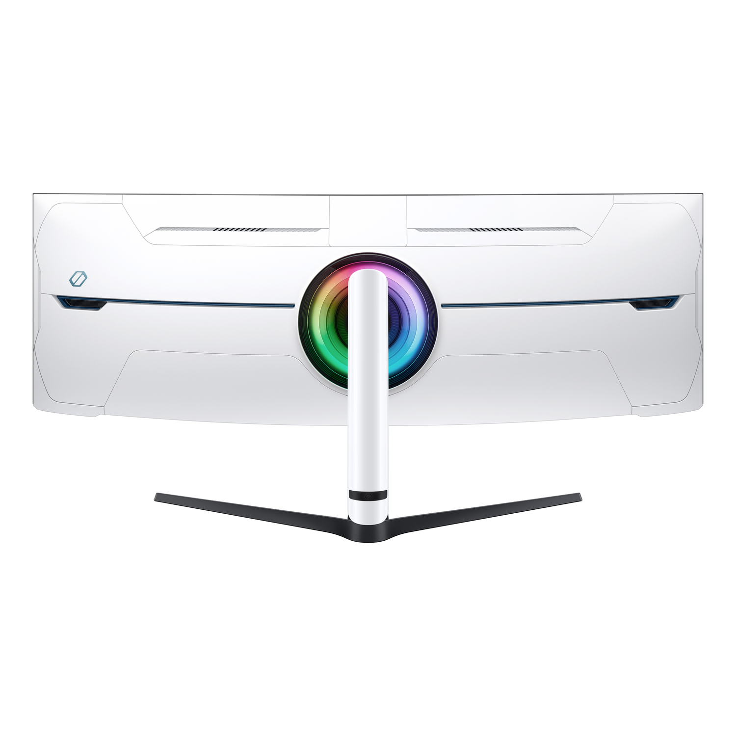Back view of a white curved monitor with a rainbow-colored light ring.