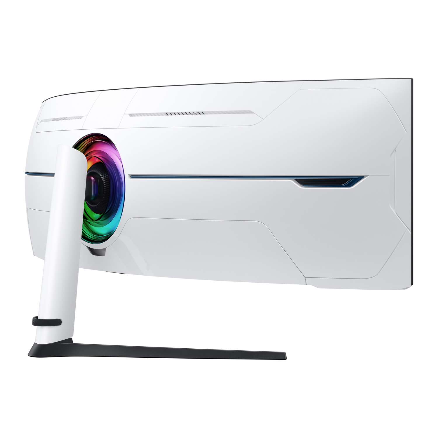 White curved gaming monitor, with colorful lights in the back.