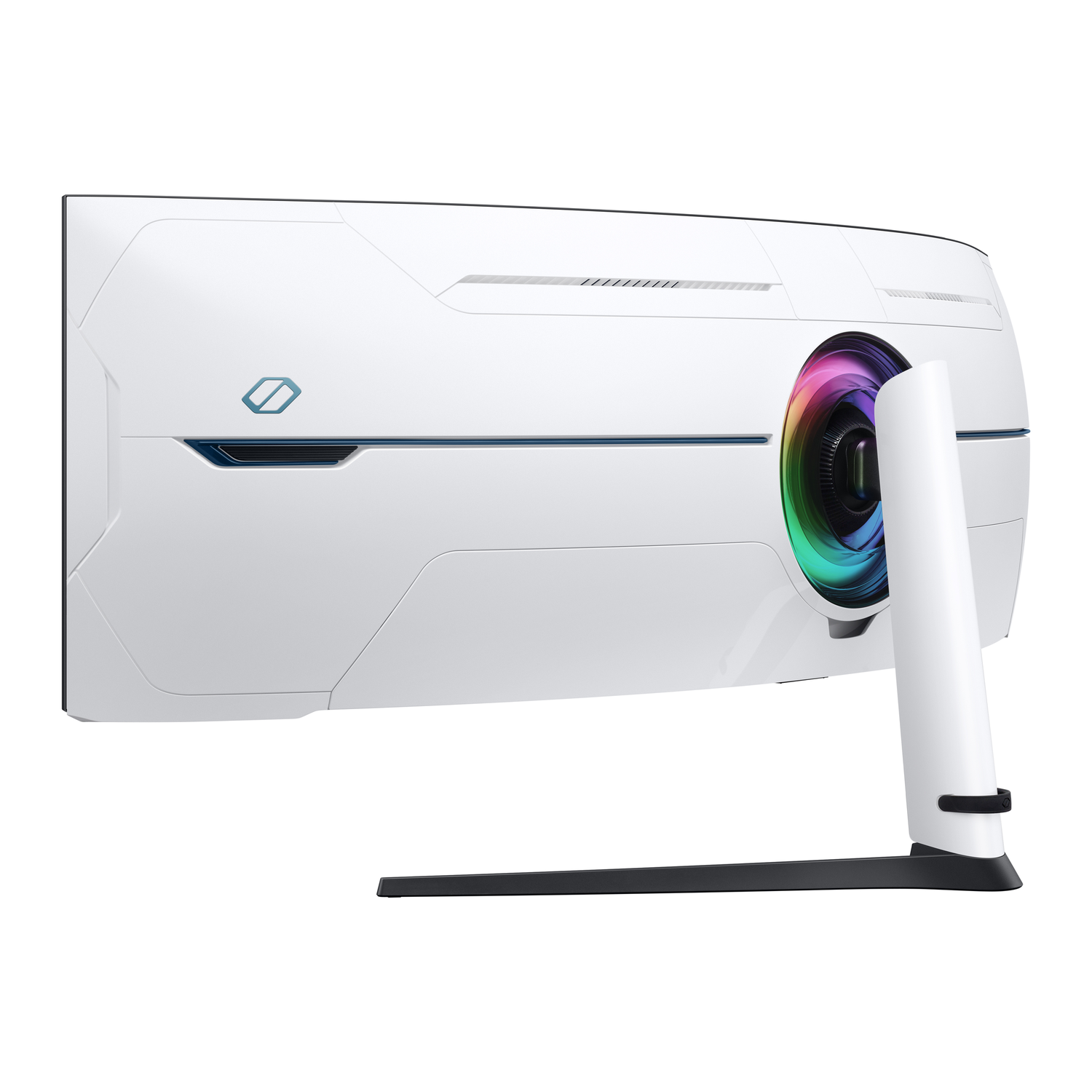 White curved monitor with a multi-colored light ring on the back and a black stand.
