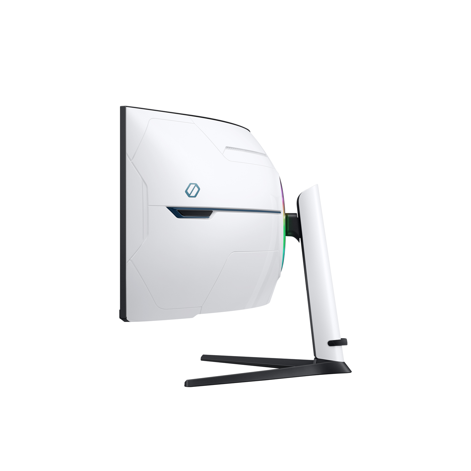A white gaming monitor with a curved screen and a black stand. White background.