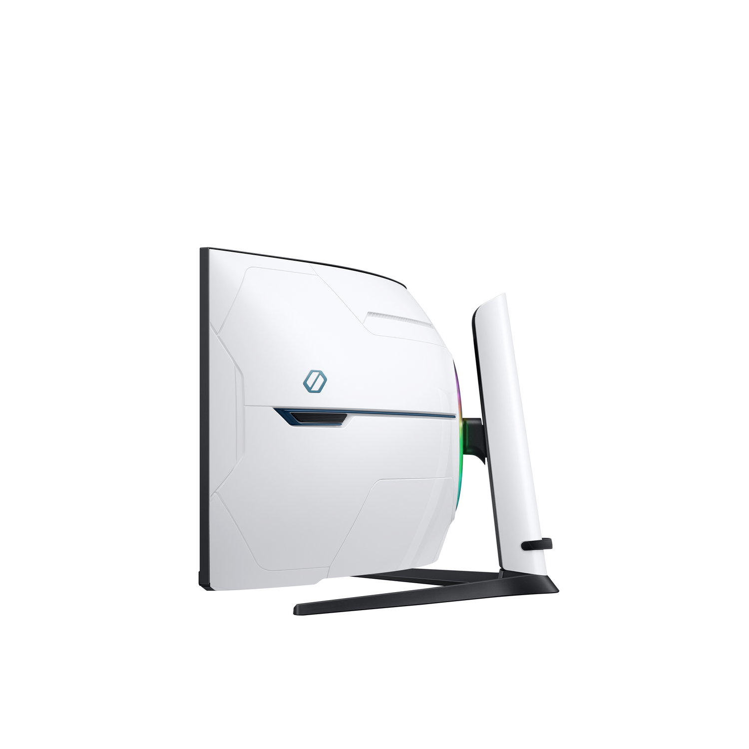 White monitor with a curved screen profile.