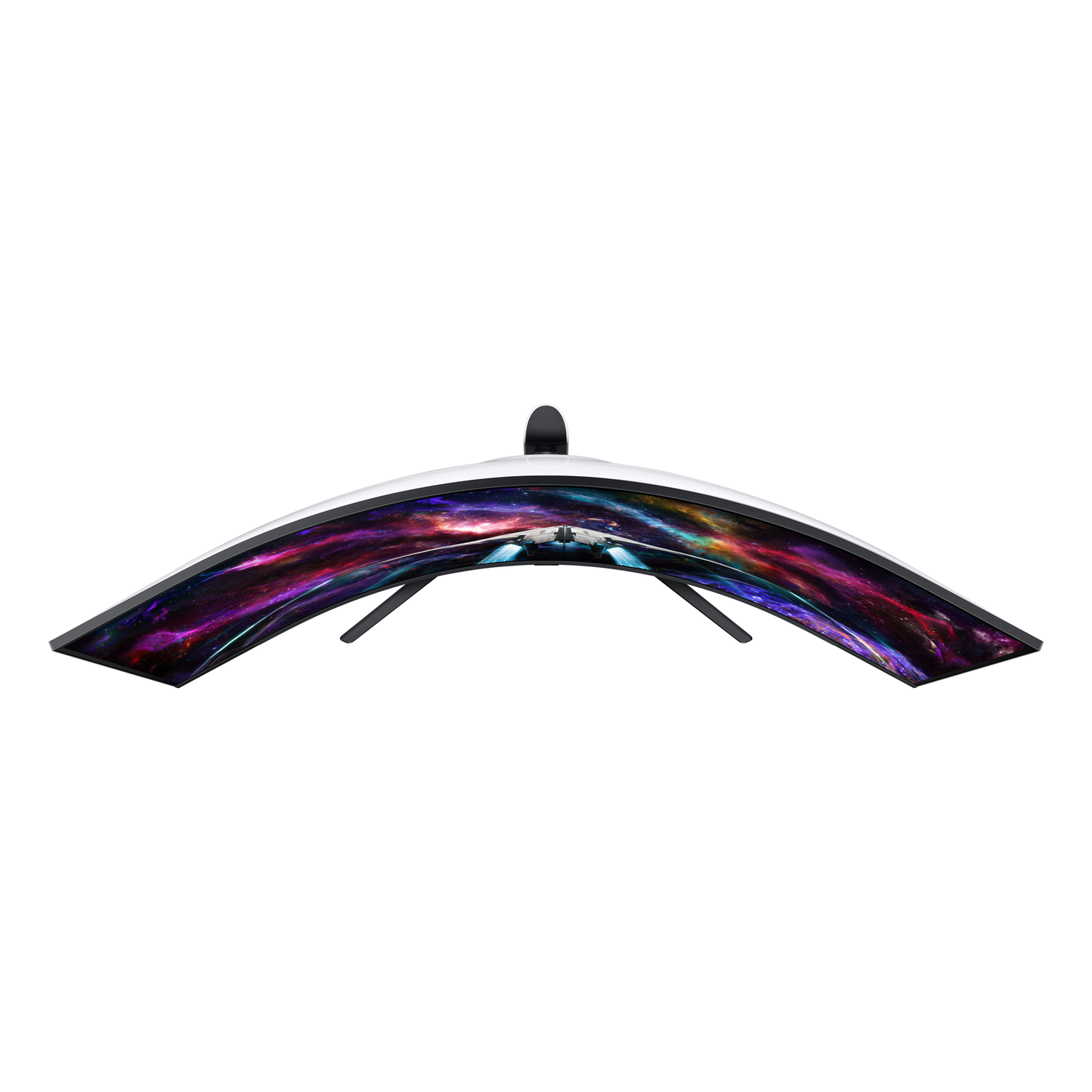Curved gaming monitor, cosmic design on screen, black frame and stand. White background.