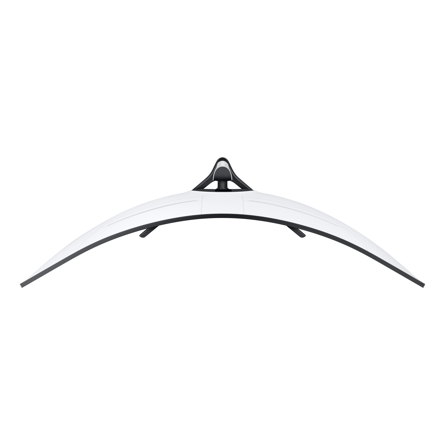 Curved white computer monitor with a black stand, top-down view.