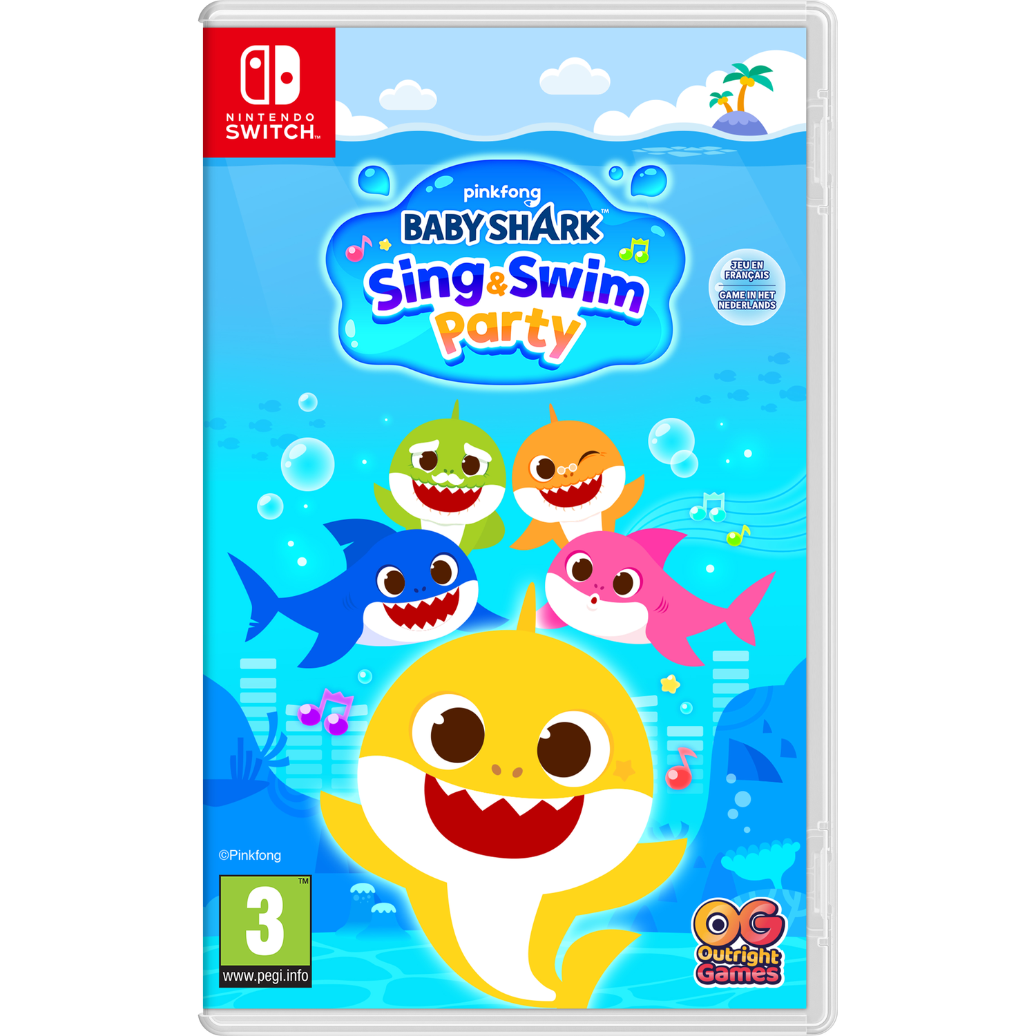 Nintendo Switch game case. De game is Baby Shark Sing & Swim Party. Blauwe achtergrond.
