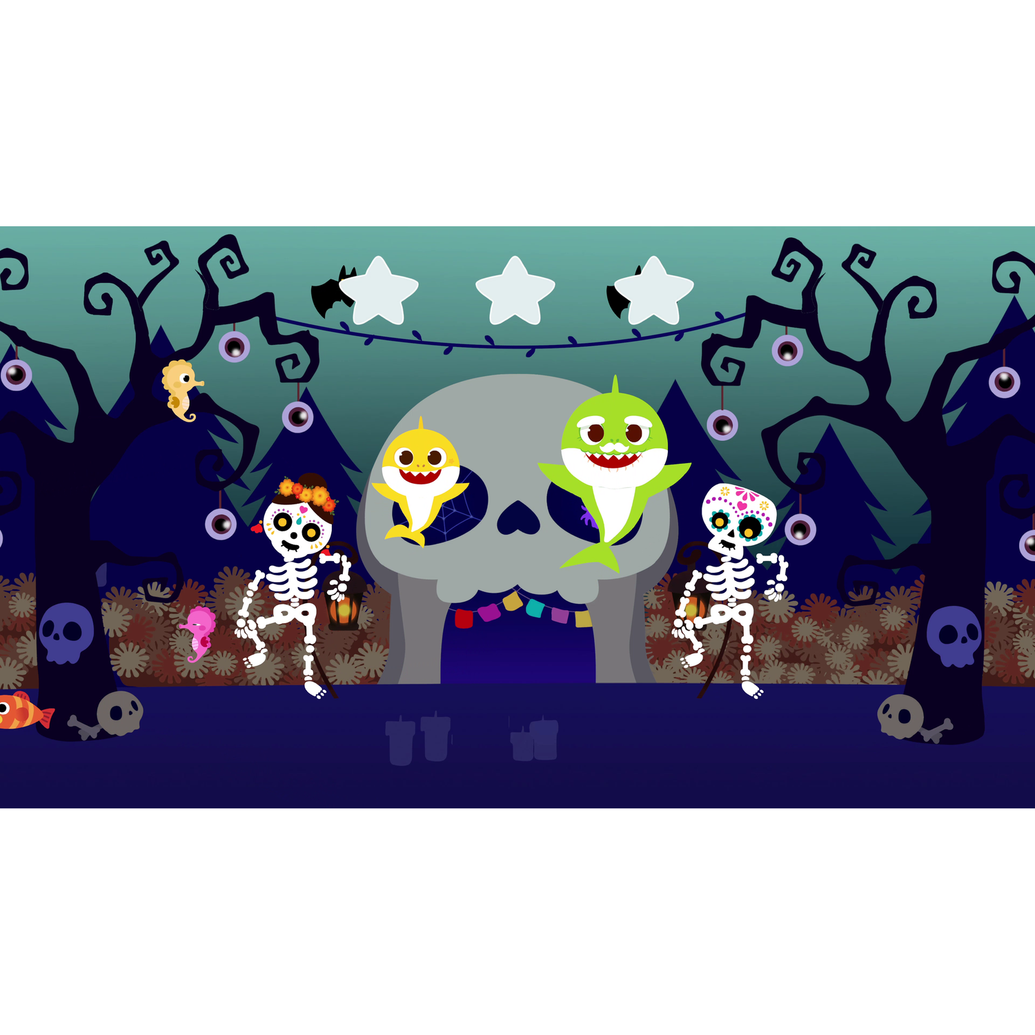 Cartoon Halloween-scène met skeletten, haaien, vleermuizen en een schedel, in een donkere, spookachtige omgeving.