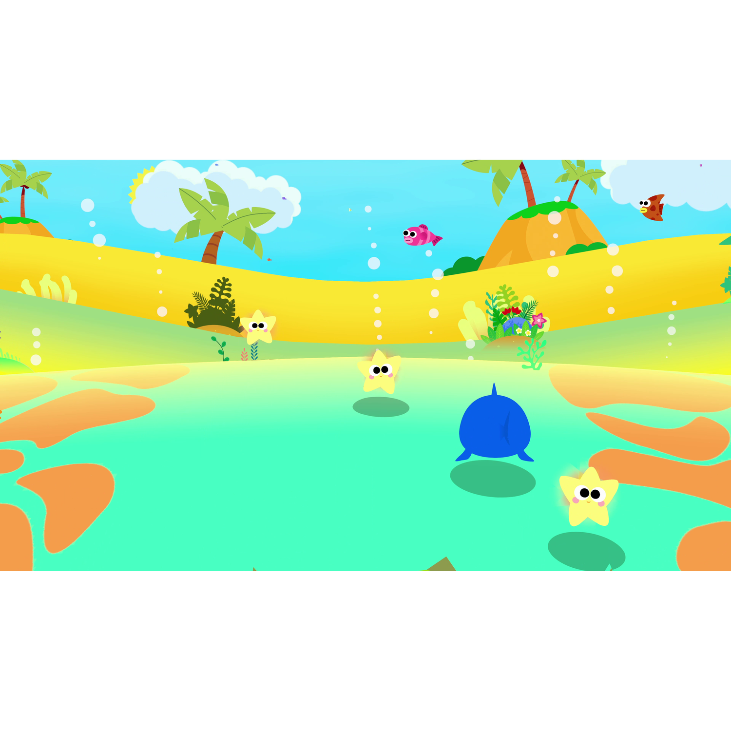 Cartoon strandscène met blauwe dolfijn en zeesterren in het water, palmbomen.