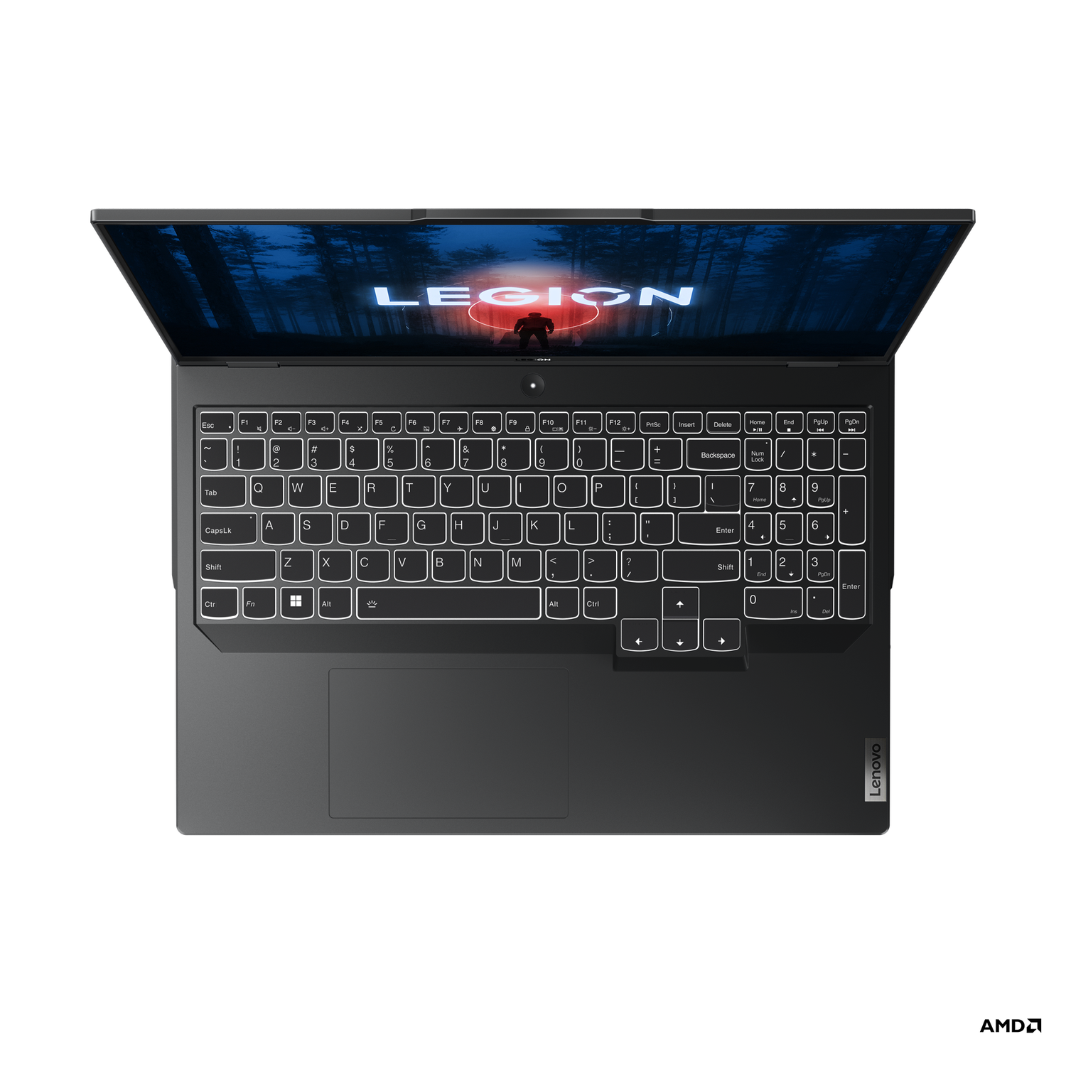 Zwarte Lenovo Legion laptop, toetsenbord zichtbaar.