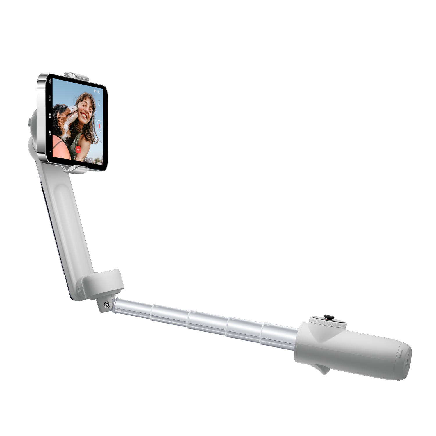 A white selfie stick holding a tablet displaying two smiling women. The stick is extended.