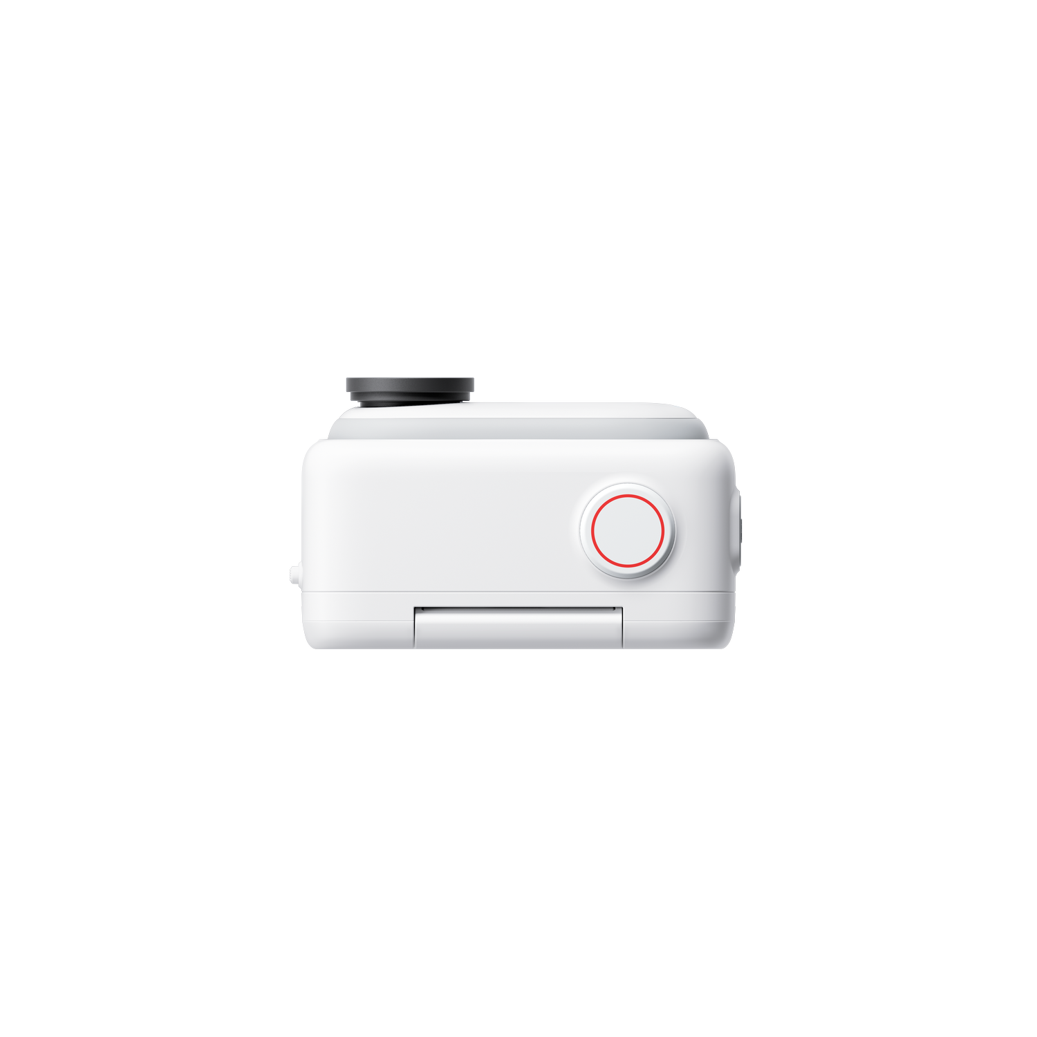 A white camera, top view, with a black button and a red circle.